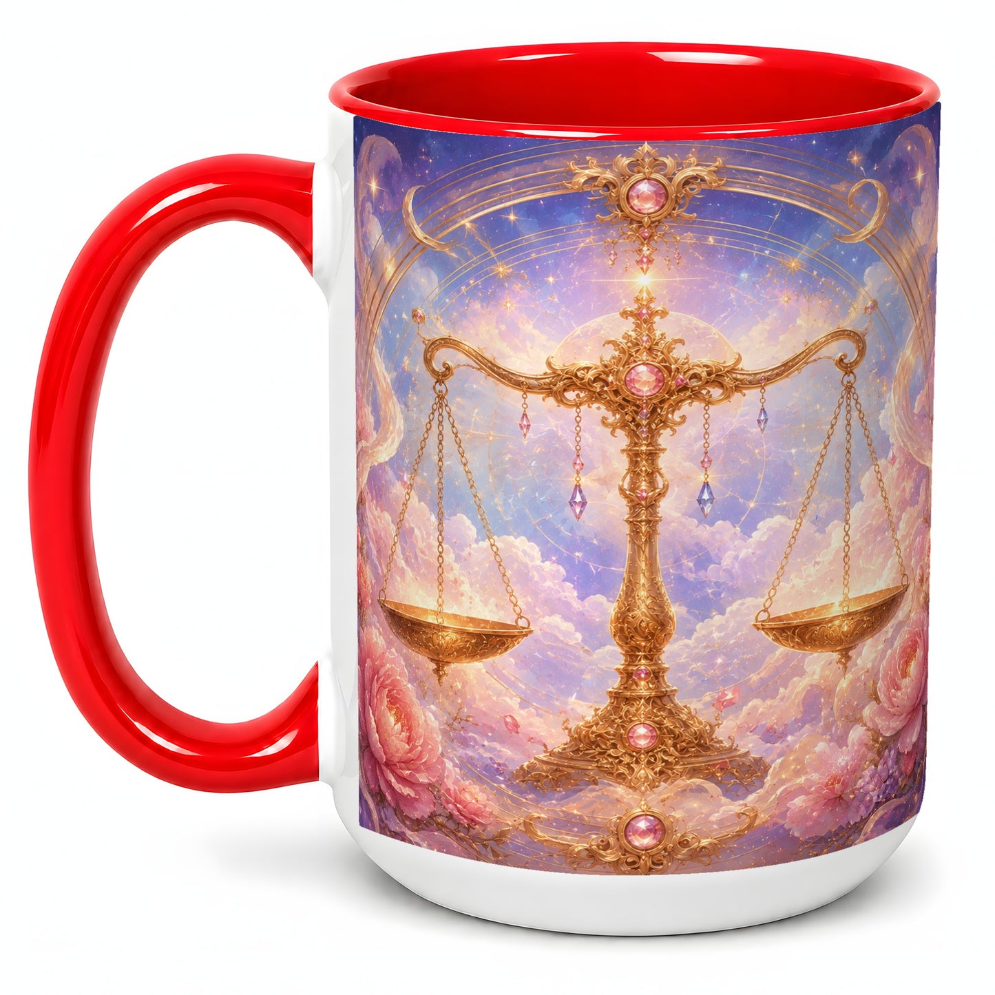 #pl[15oz|Red] Libra Zodiac Ceramic Mug, Celestial Floral Balance Scales