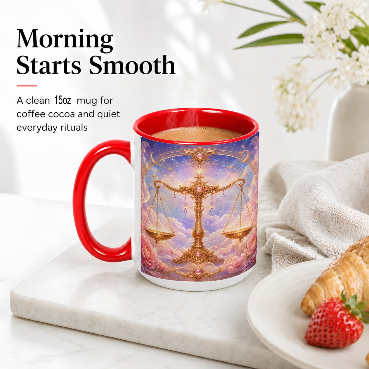 #pl[15oz|Red] Libra Zodiac Ceramic Mug, Celestial Floral Balance Scales