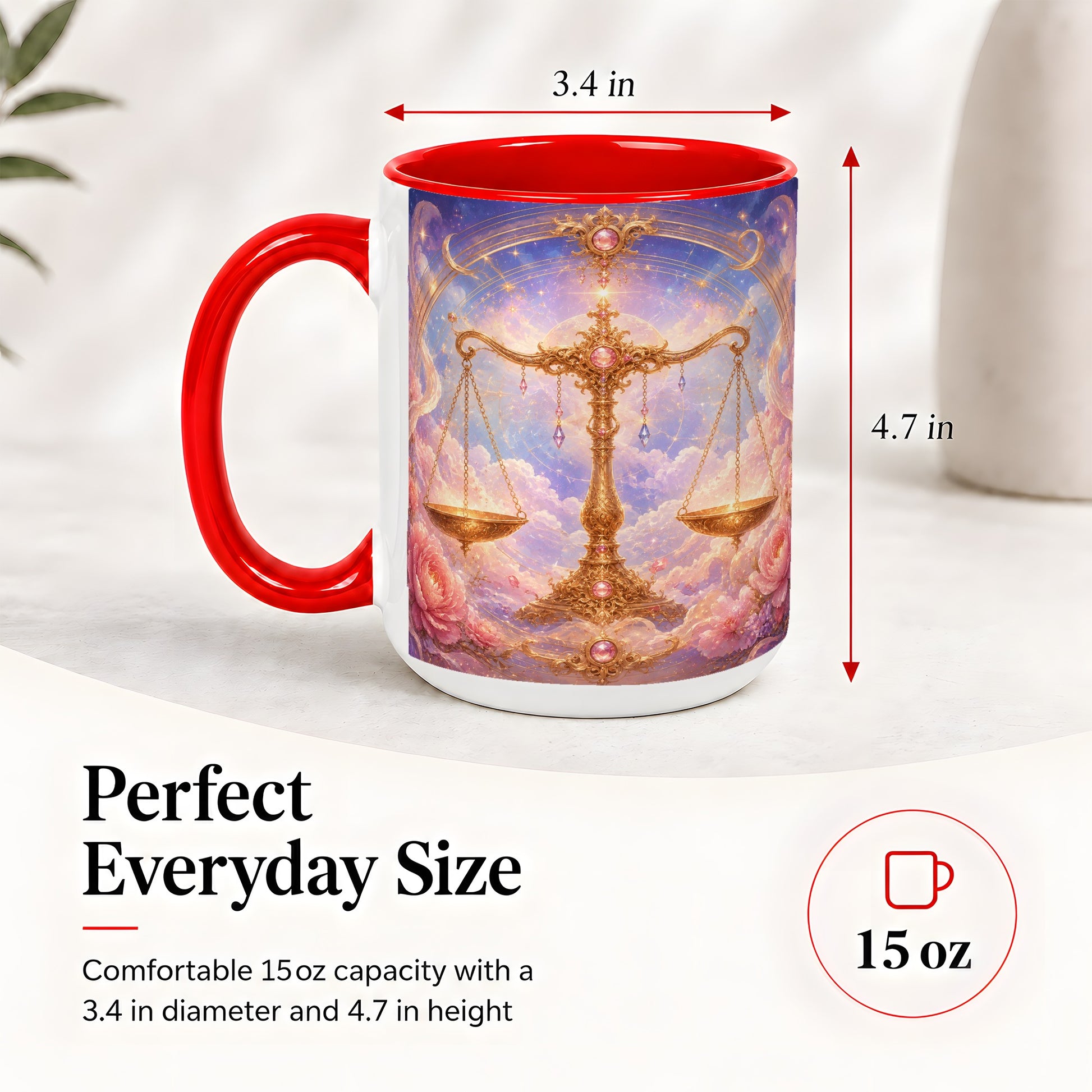 #pl[15oz|Red] Libra Zodiac Ceramic Mug, Celestial Floral Balance Scales