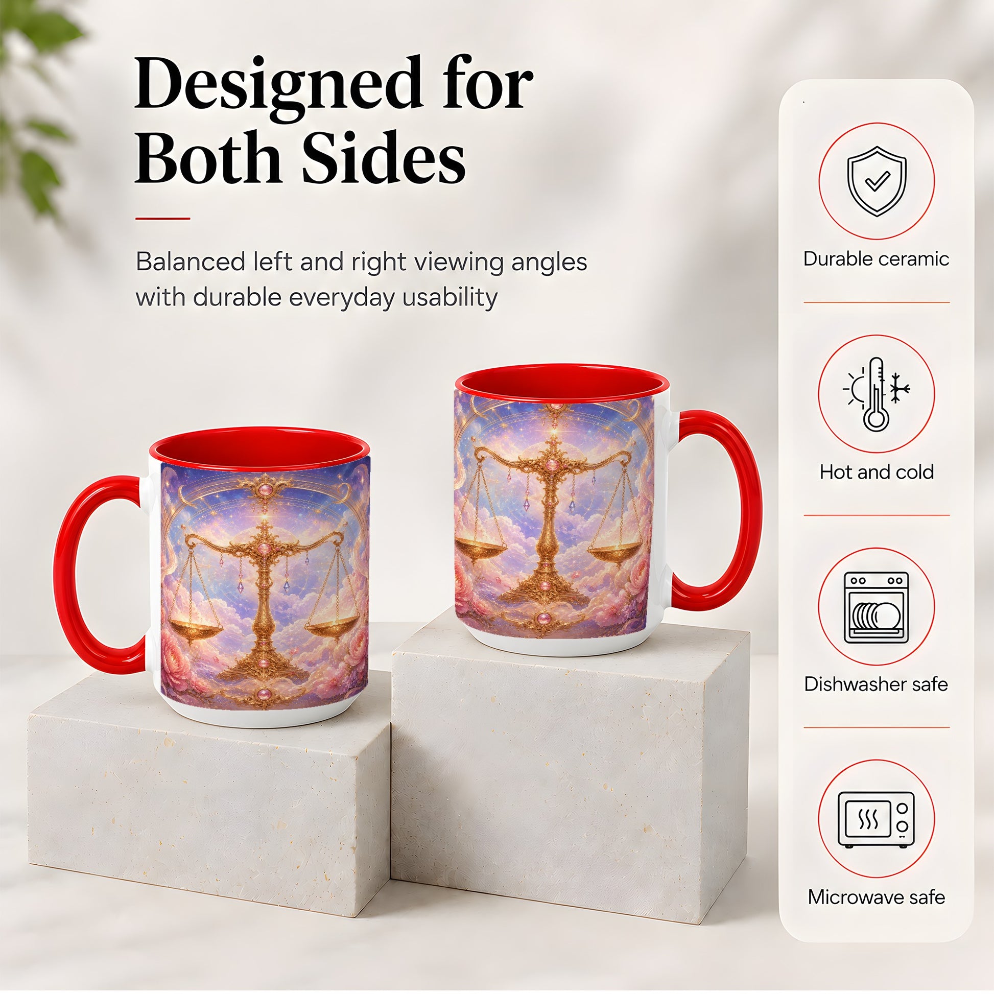 #pl[15oz|Red] Libra Zodiac Ceramic Mug, Celestial Floral Balance Scales