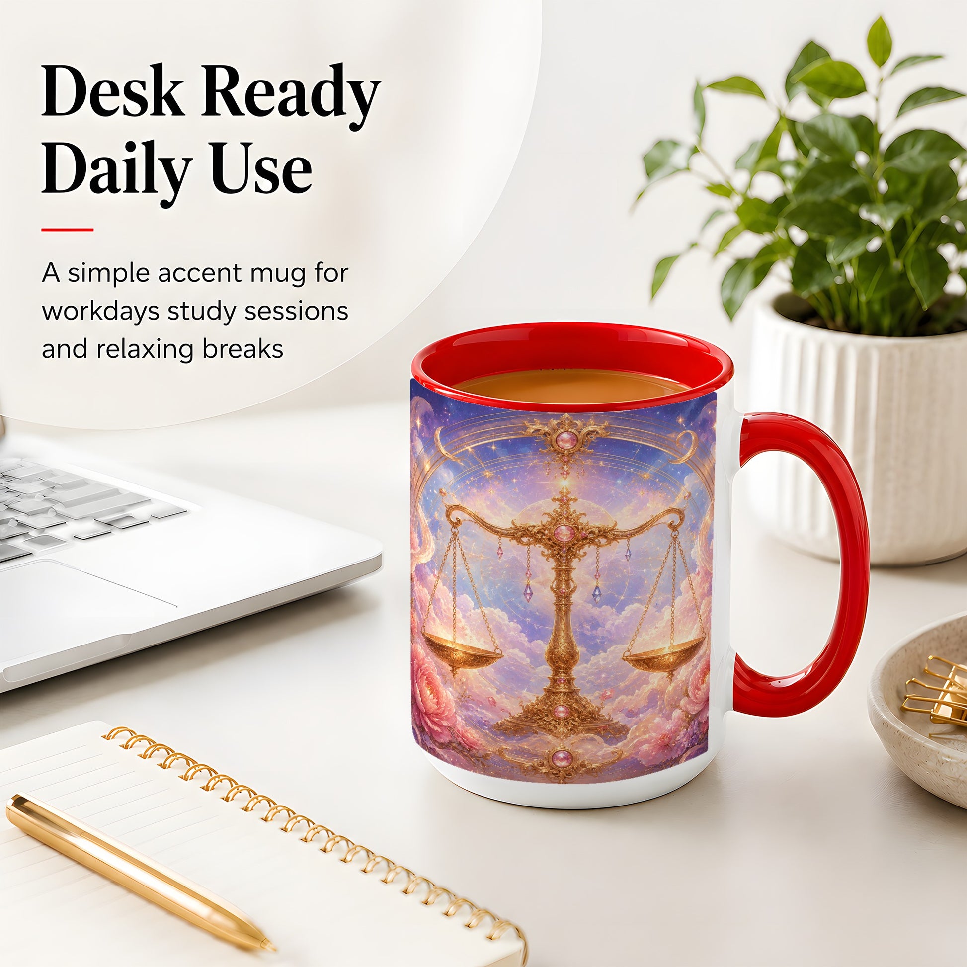 #pl[15oz|Red] Libra Zodiac Ceramic Mug, Celestial Floral Balance Scales