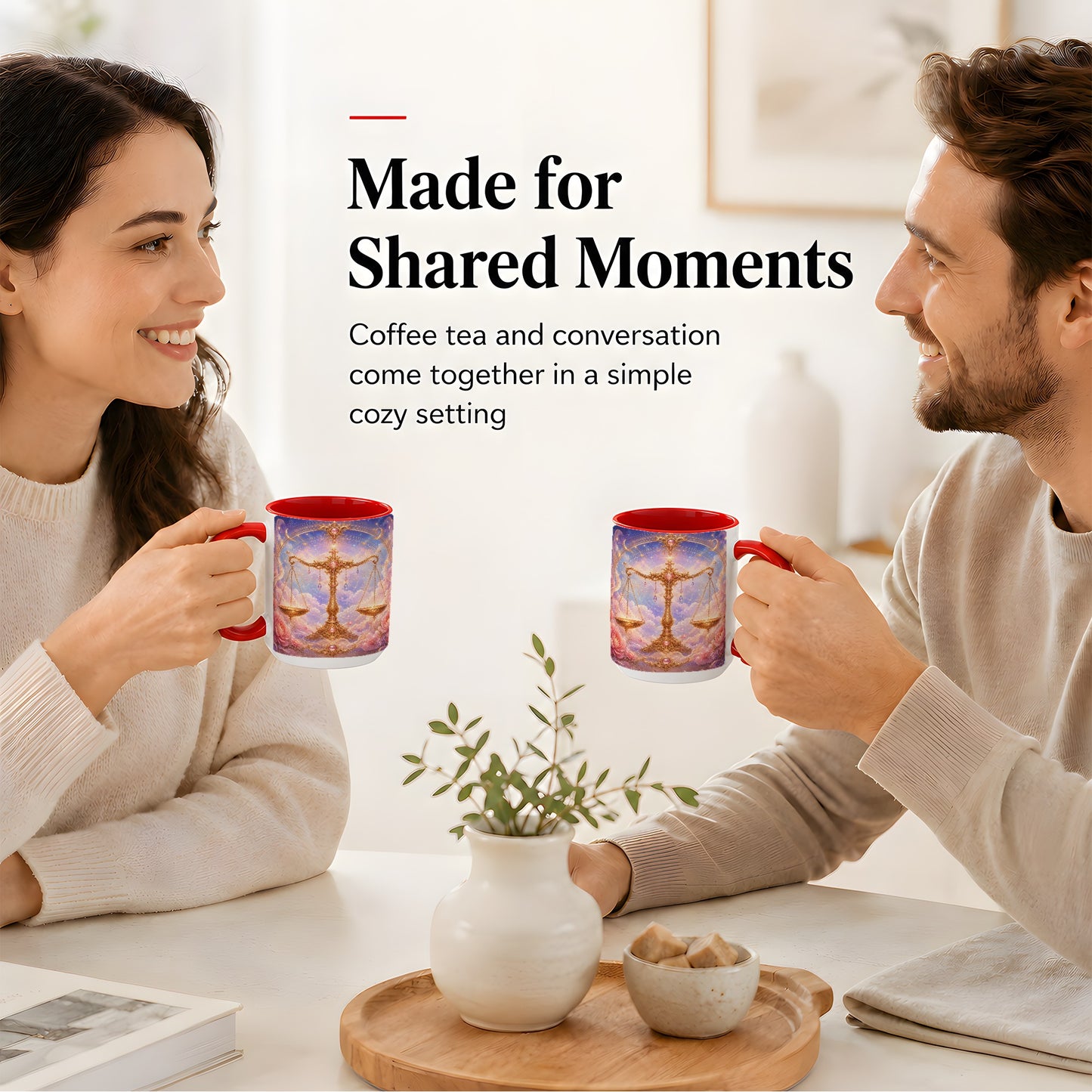 #pl[15oz|Red] Libra Zodiac Ceramic Mug, Celestial Floral Balance Scales