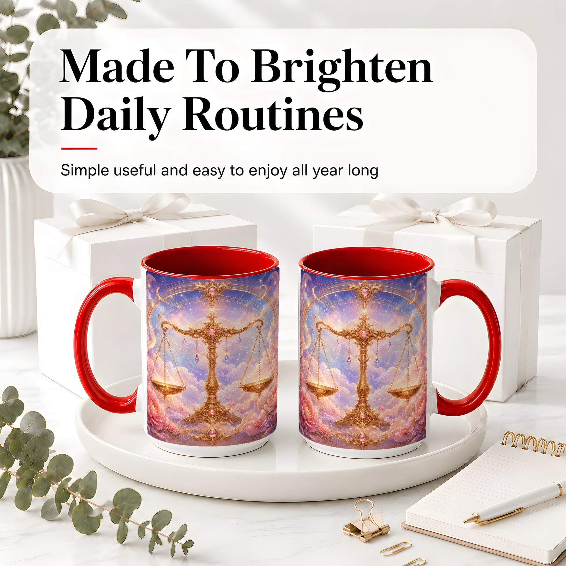 #pl[15oz|Red] Libra Zodiac Ceramic Mug, Celestial Floral Balance Scales