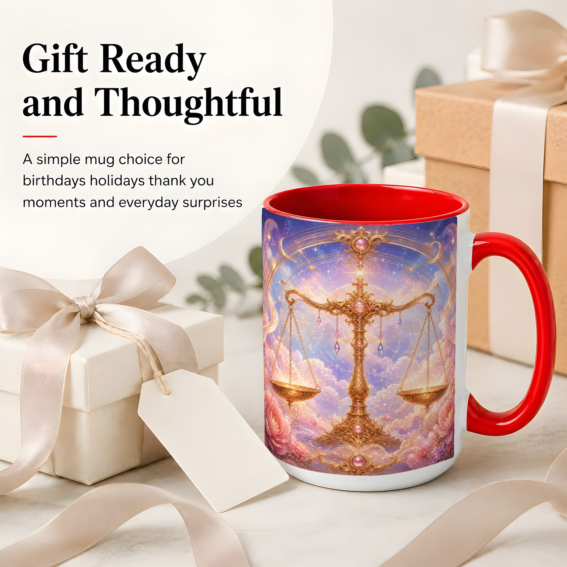 #pl[15oz|Red] Libra Zodiac Ceramic Mug, Celestial Floral Balance Scales