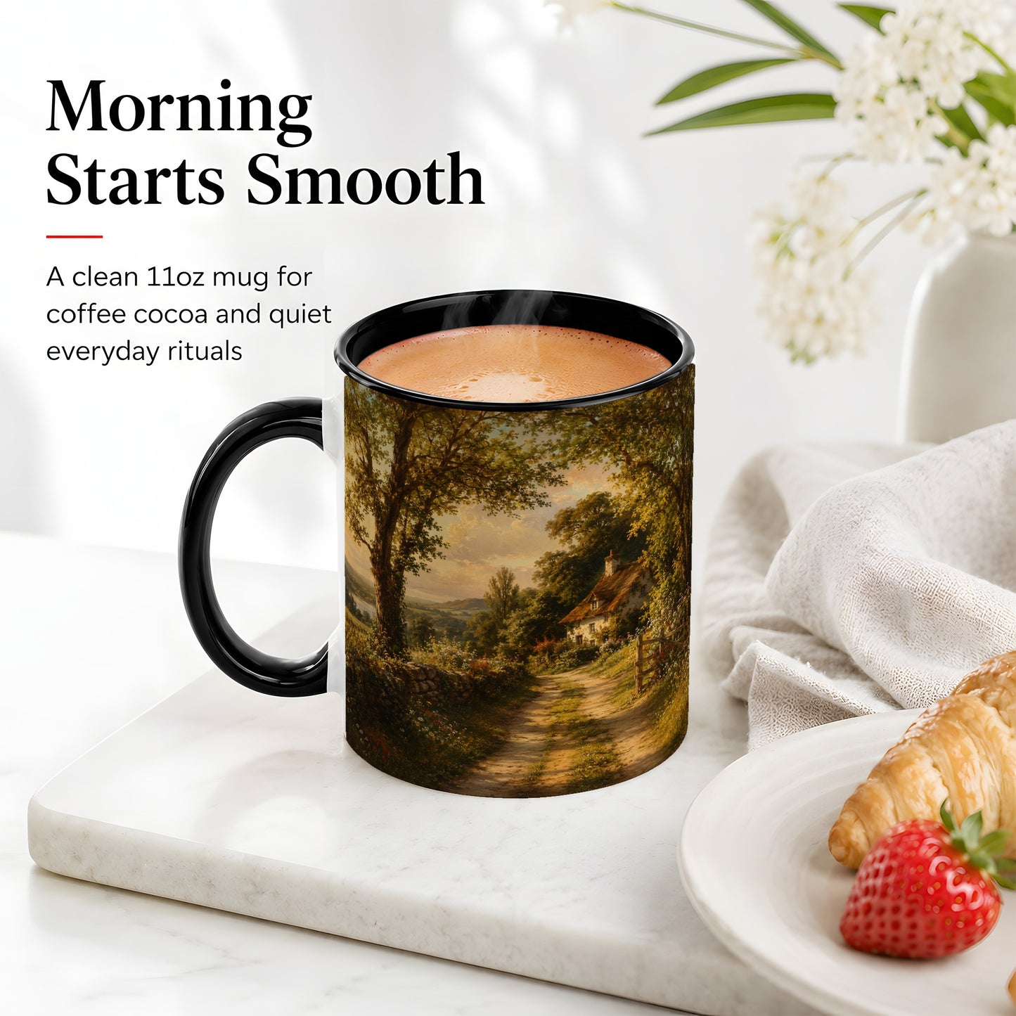 #pl[11oz|Black] Cottage Countryside Ceramic Mug, Golden Garden Path Landscape