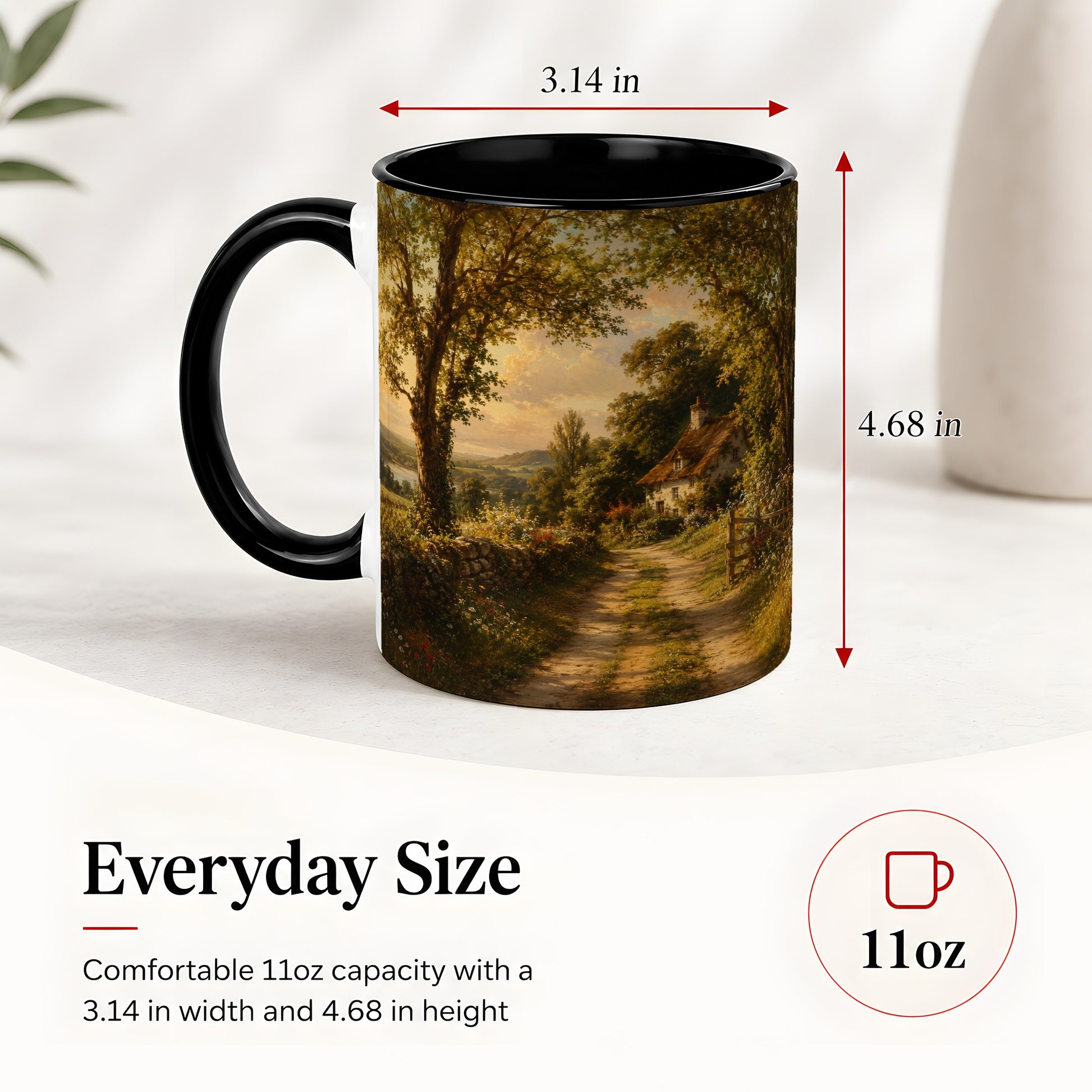 #pl[11oz|Black] Cottage Countryside Ceramic Mug, Golden Garden Path Landscape