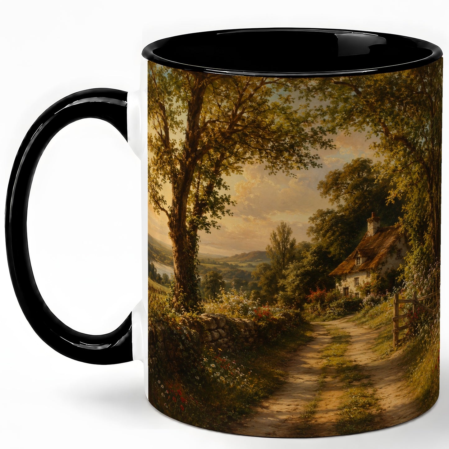 #pl[11oz|Black] Cottage Countryside Ceramic Mug, Golden Garden Path Landscape