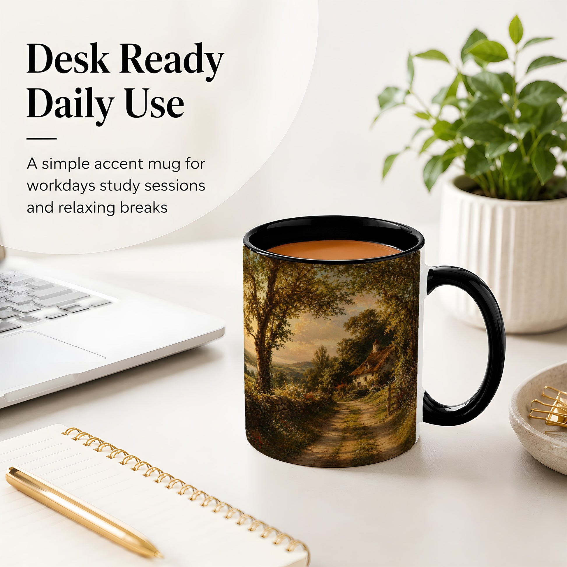 #pl[11oz|Black] Cottage Countryside Ceramic Mug, Golden Garden Path Landscape