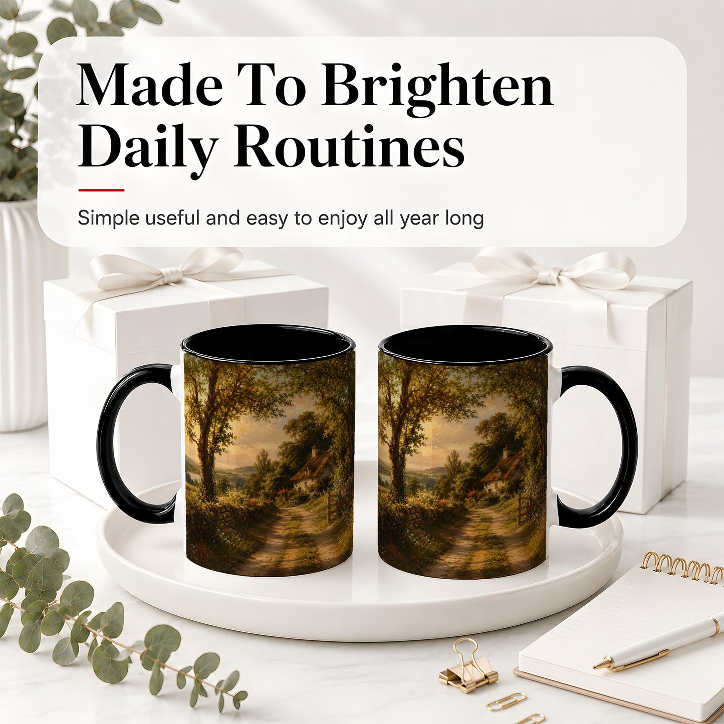 #pl[11oz|Black] Cottage Countryside Ceramic Mug, Golden Garden Path Landscape