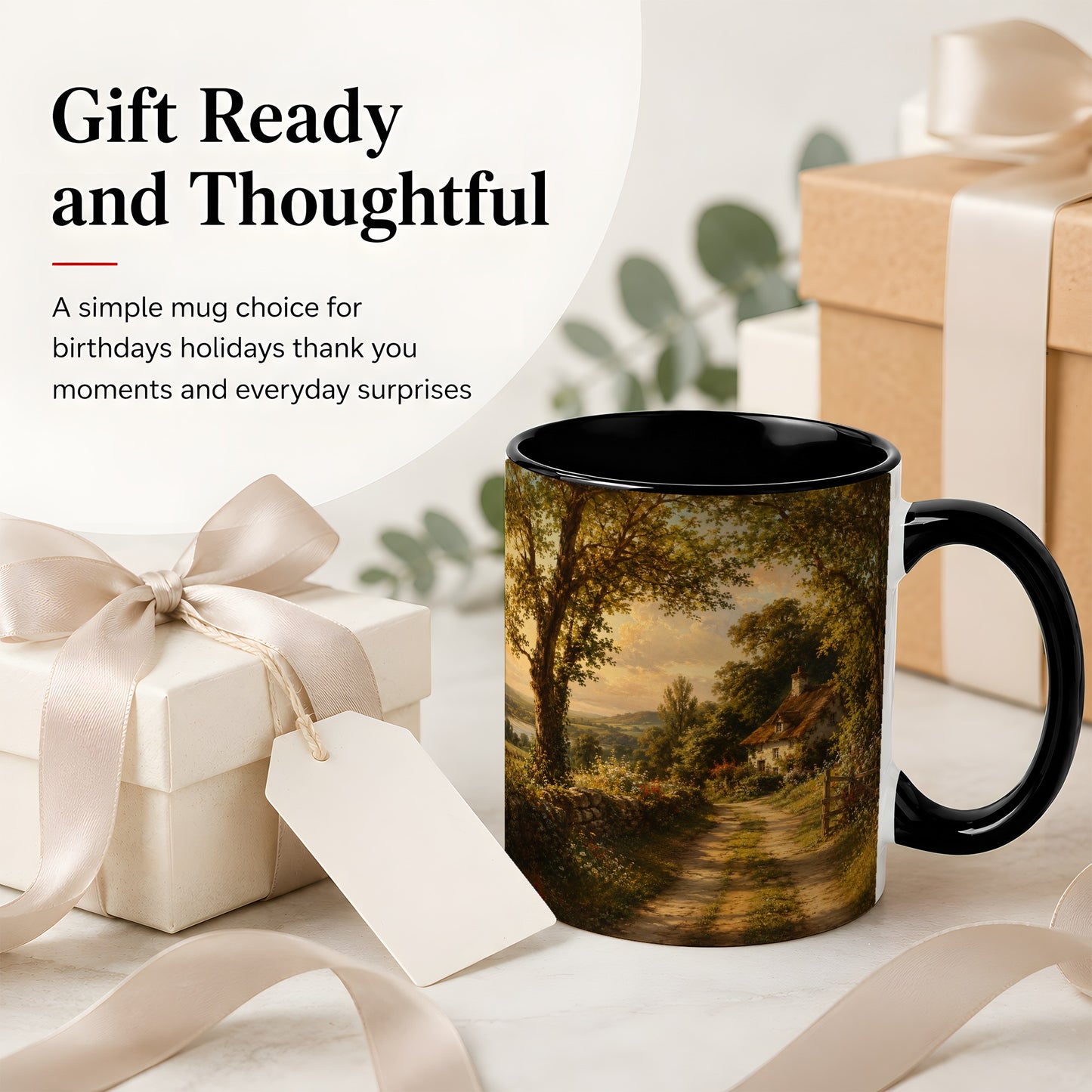 #pl[11oz|Black] Cottage Countryside Ceramic Mug, Golden Garden Path Landscape