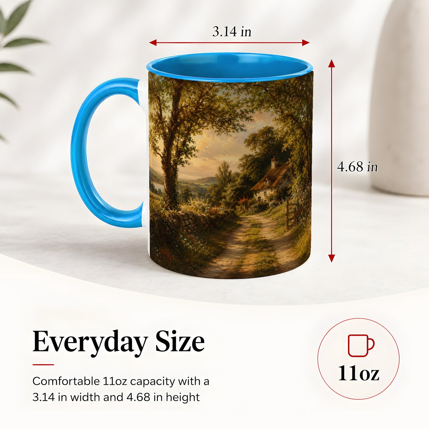 #pl[11oz|Blue] Cottage Countryside Ceramic Mug, Golden Garden Path Landscape