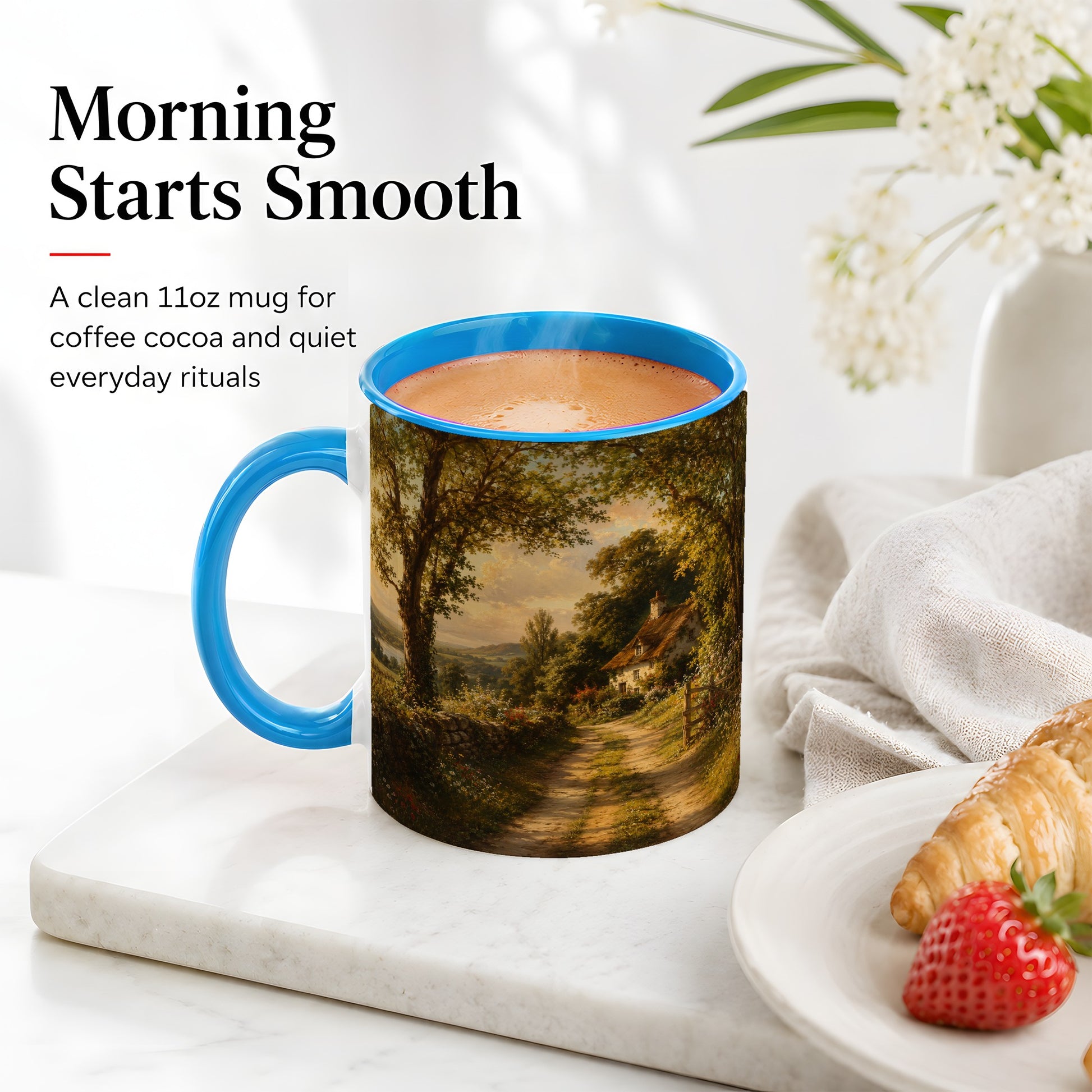#pl[11oz|Blue] Cottage Countryside Ceramic Mug, Golden Garden Path Landscape
