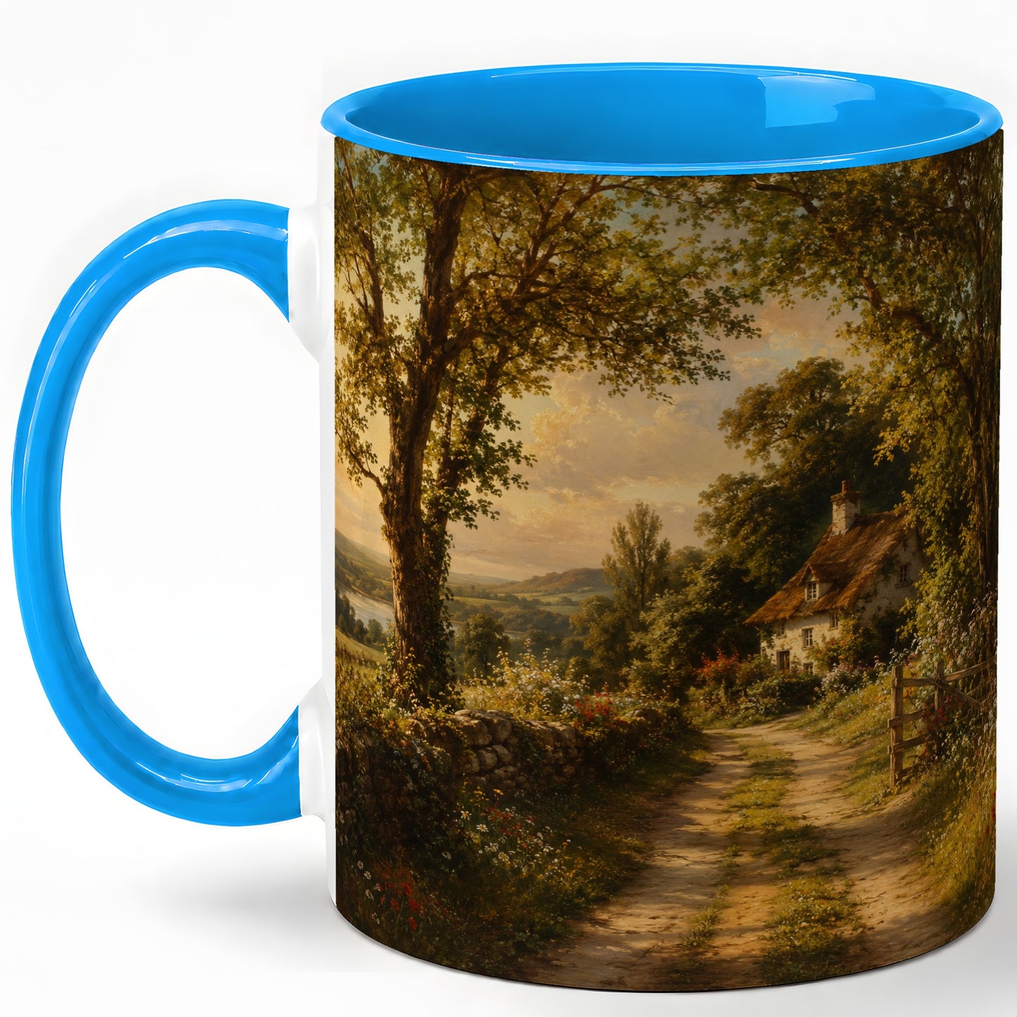 #pl[11oz|Blue] Cottage Countryside Ceramic Mug, Golden Garden Path Landscape