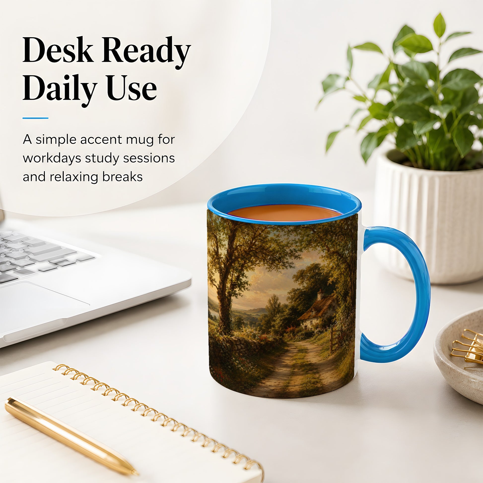 #pl[11oz|Blue] Cottage Countryside Ceramic Mug, Golden Garden Path Landscape
