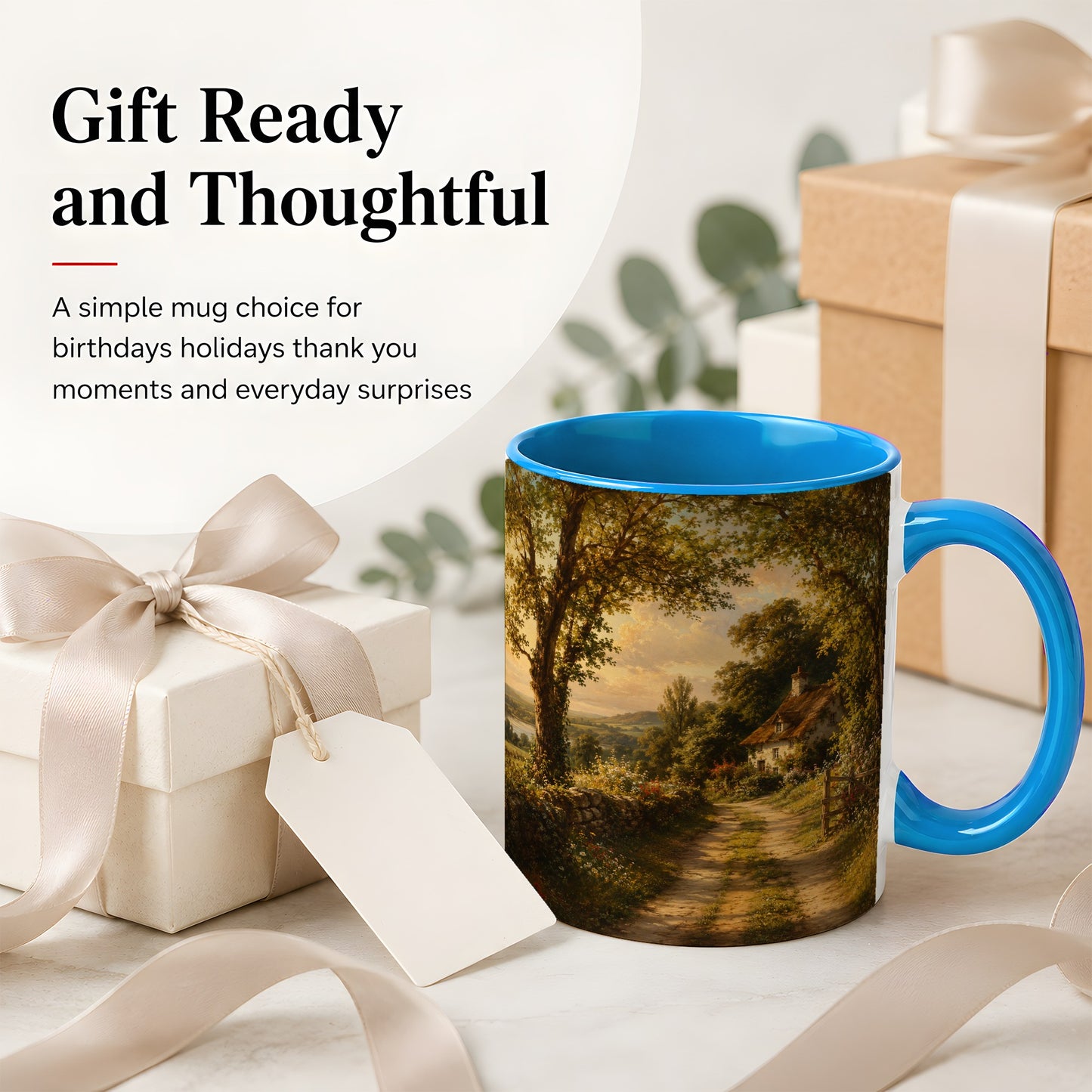 #pl[11oz|Blue] Cottage Countryside Ceramic Mug, Golden Garden Path Landscape