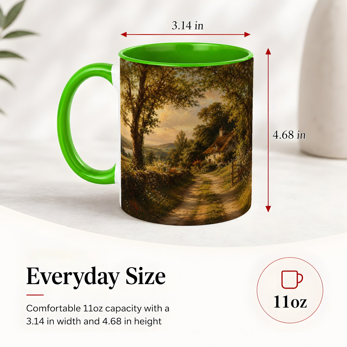 #pl[11oz|Green] Cottage Countryside Ceramic Mug, Golden Garden Path Landscape