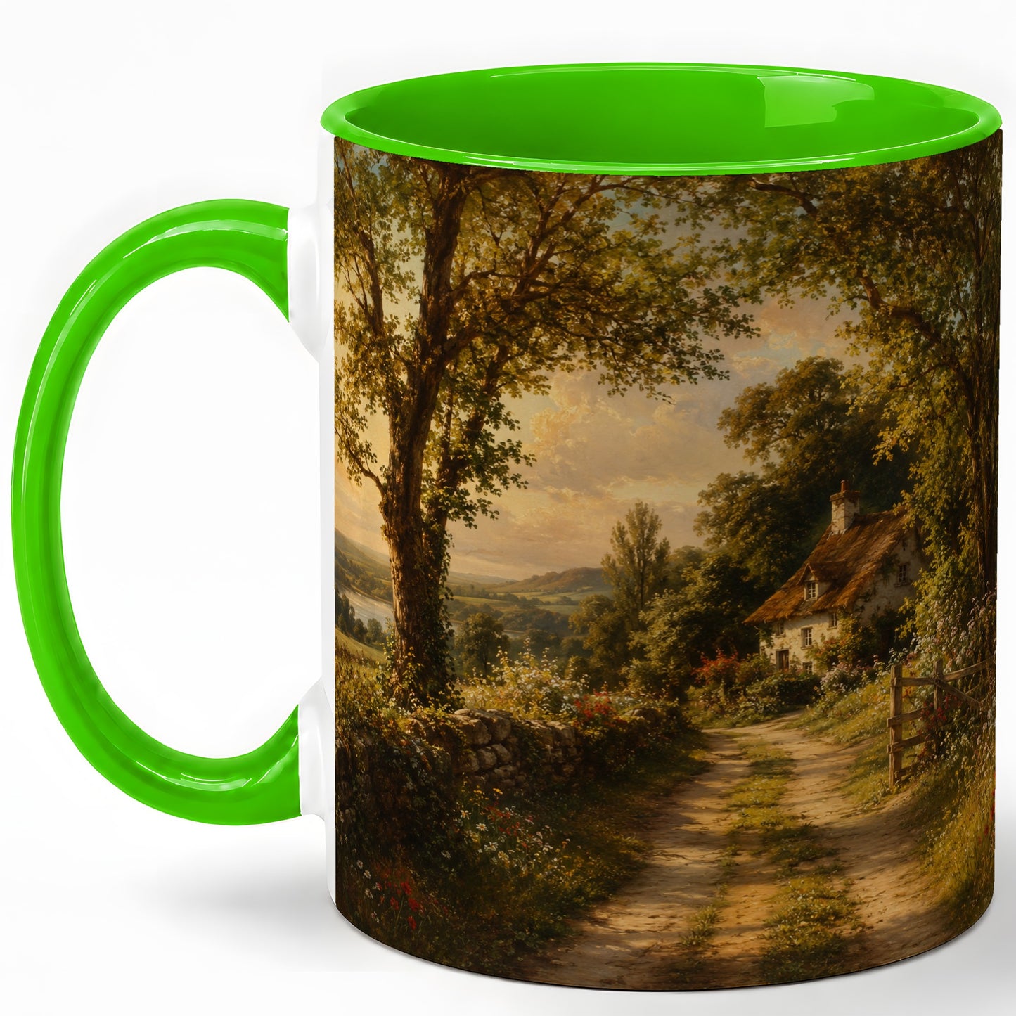 #pl[11oz|Green] Cottage Countryside Ceramic Mug, Golden Garden Path Landscape