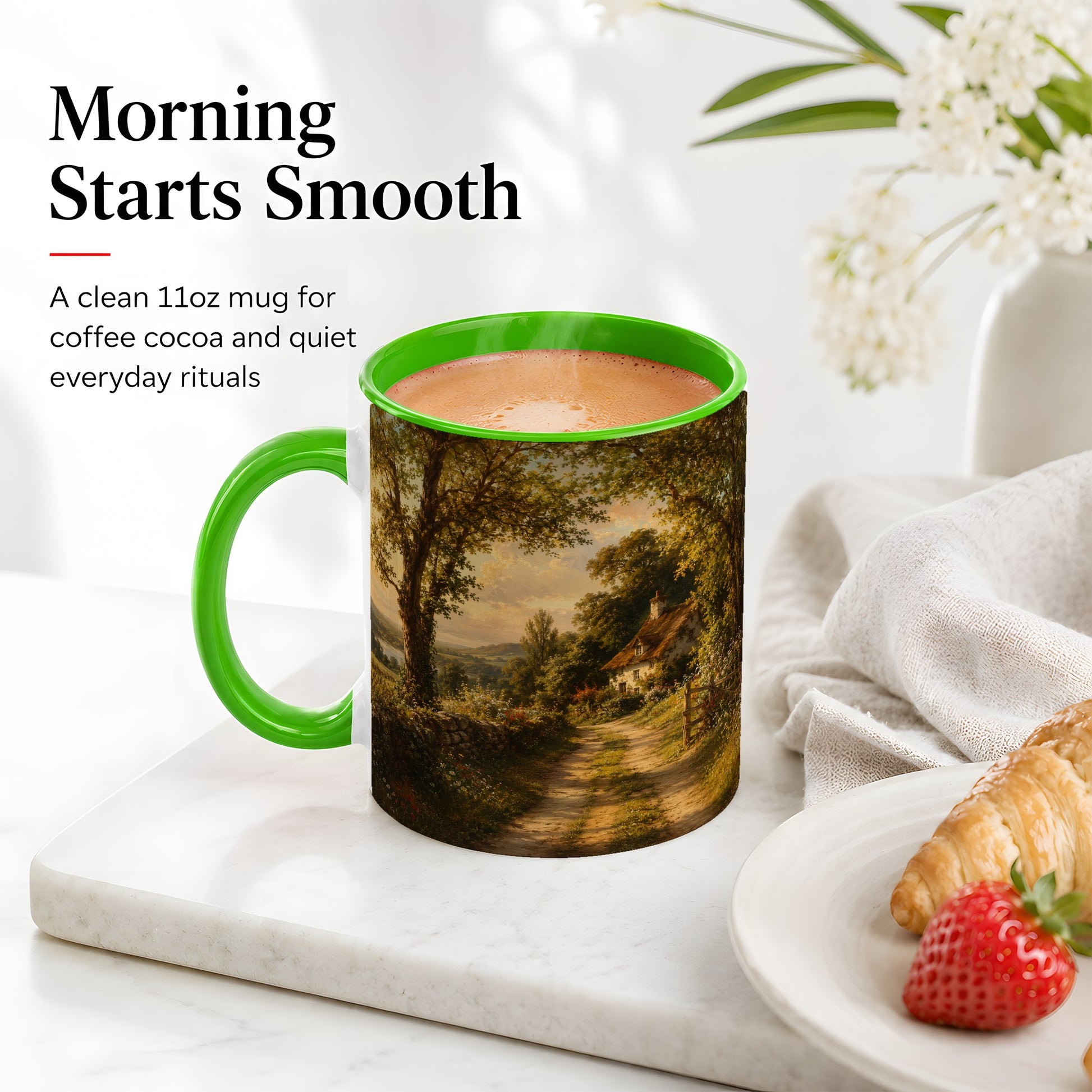 #pl[11oz|Green] Cottage Countryside Ceramic Mug, Golden Garden Path Landscape