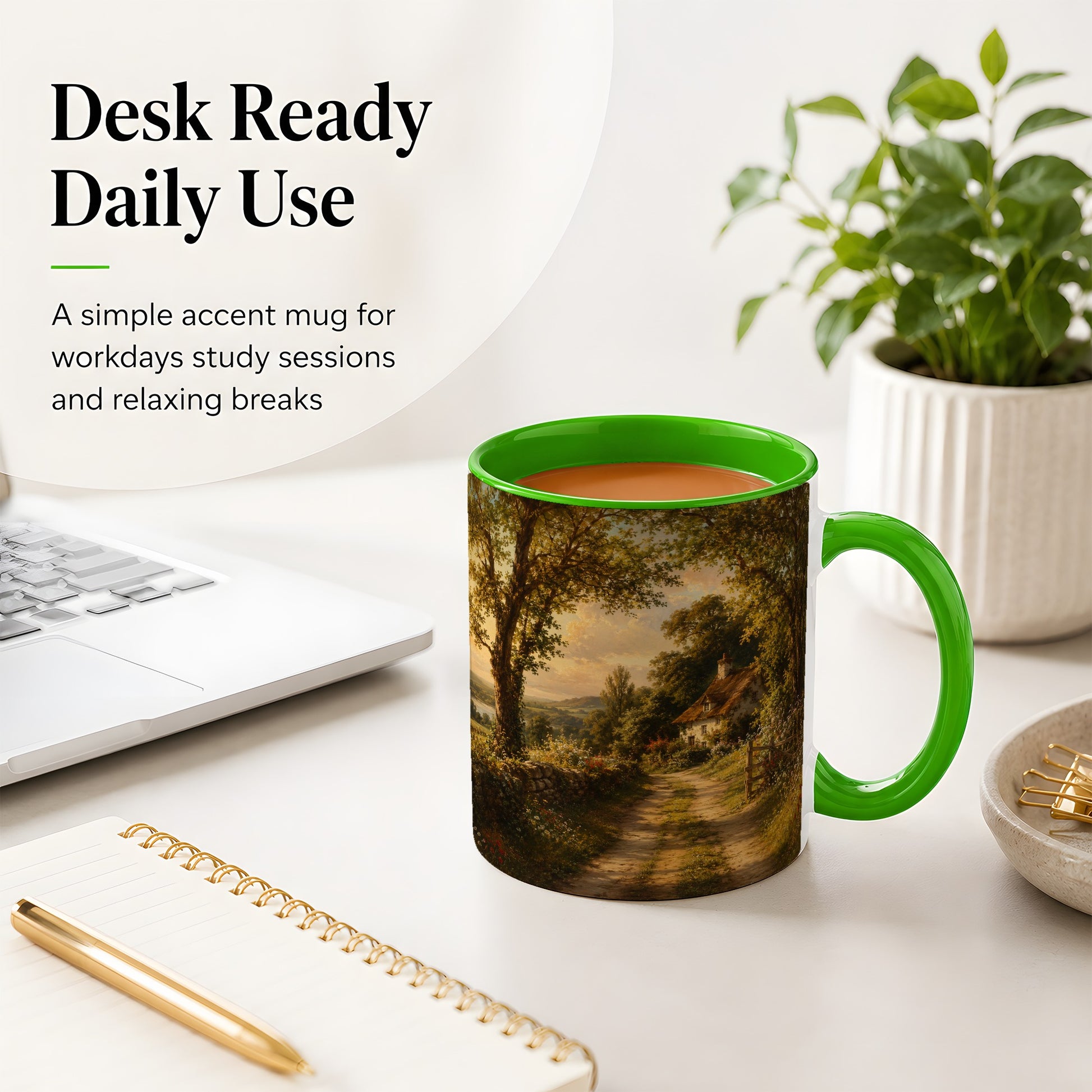 #pl[11oz|Green] Cottage Countryside Ceramic Mug, Golden Garden Path Landscape