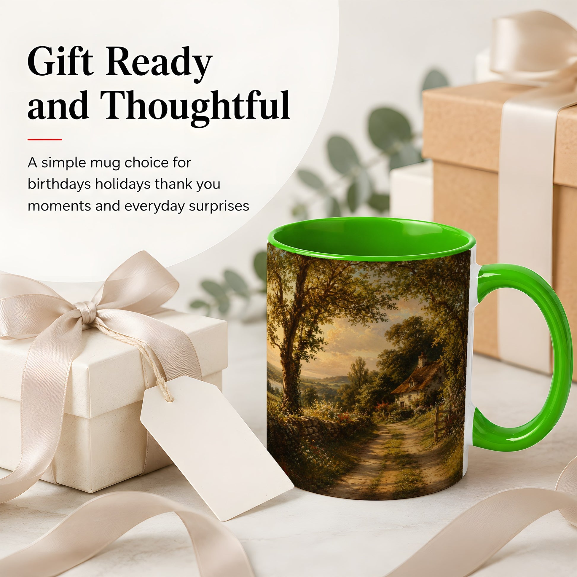 #pl[11oz|Green] Cottage Countryside Ceramic Mug, Golden Garden Path Landscape