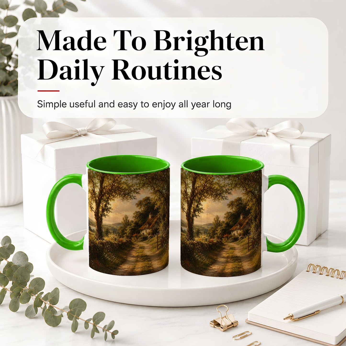 #pl[11oz|Green] Cottage Countryside Ceramic Mug, Golden Garden Path Landscape