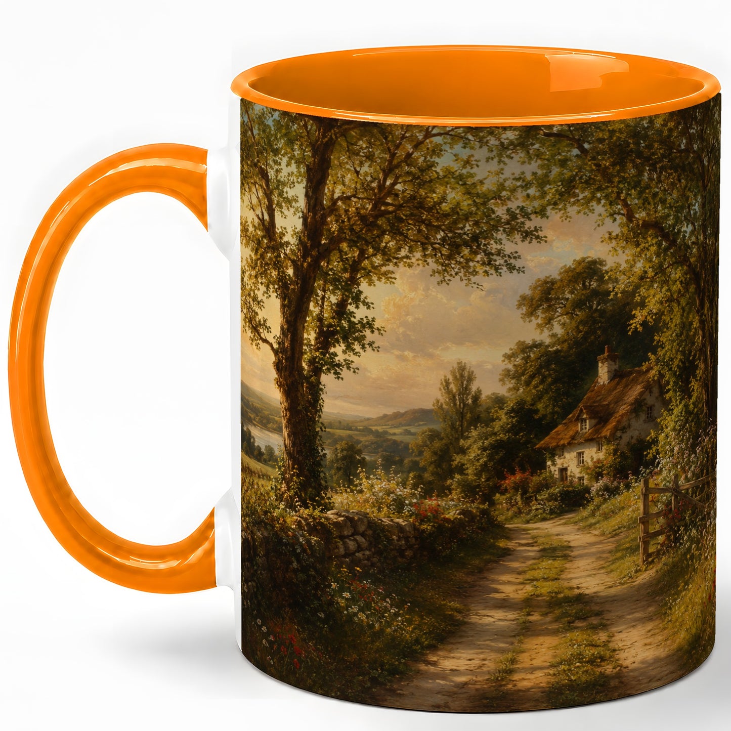 #pl[11oz|Orange] Cottage Countryside Ceramic Mug, Golden Garden Path Landscape
