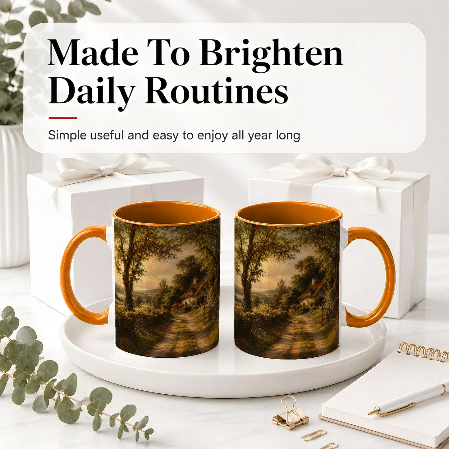 #pl[11oz|Orange] Cottage Countryside Ceramic Mug, Golden Garden Path Landscape