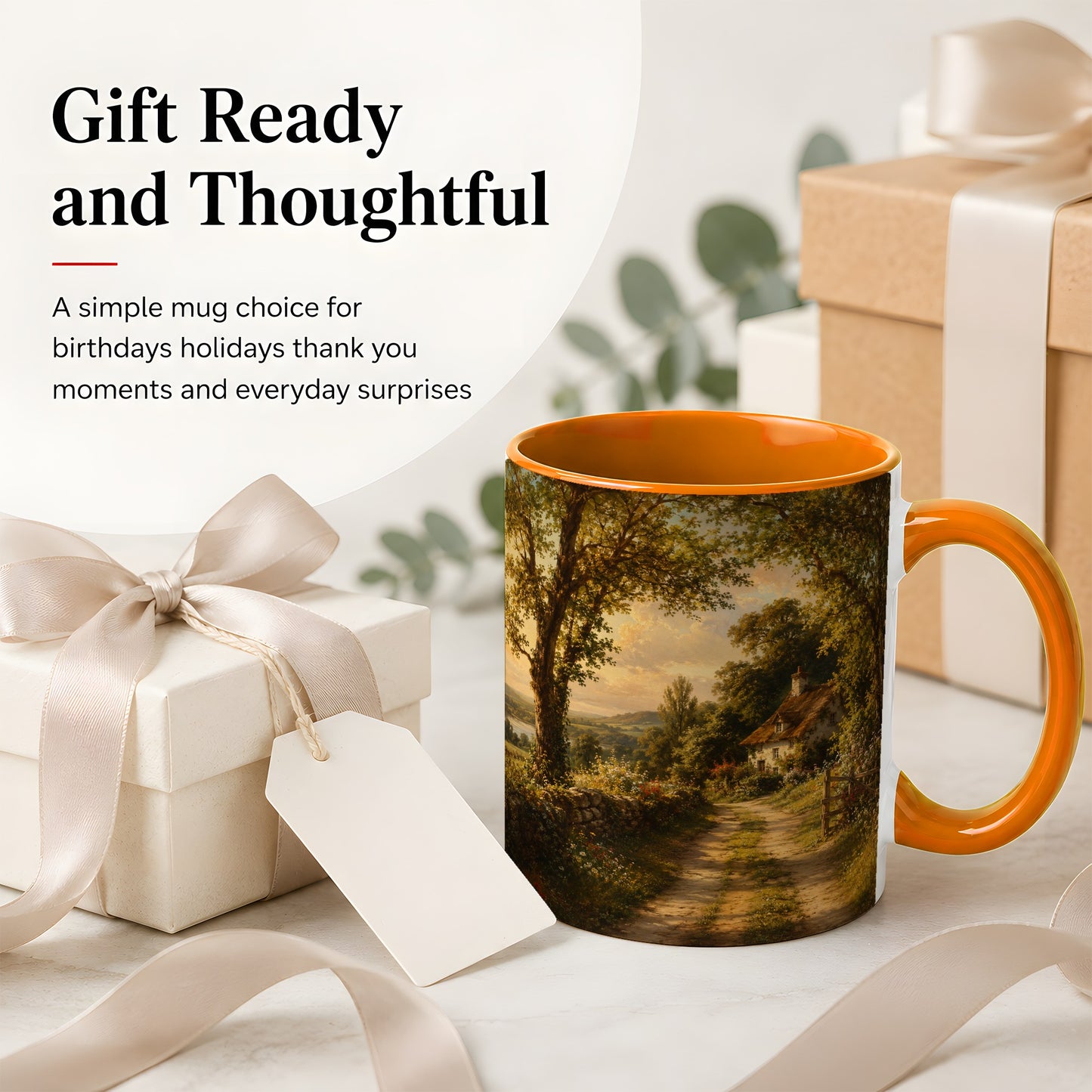 #pl[11oz|Orange] Cottage Countryside Ceramic Mug, Golden Garden Path Landscape