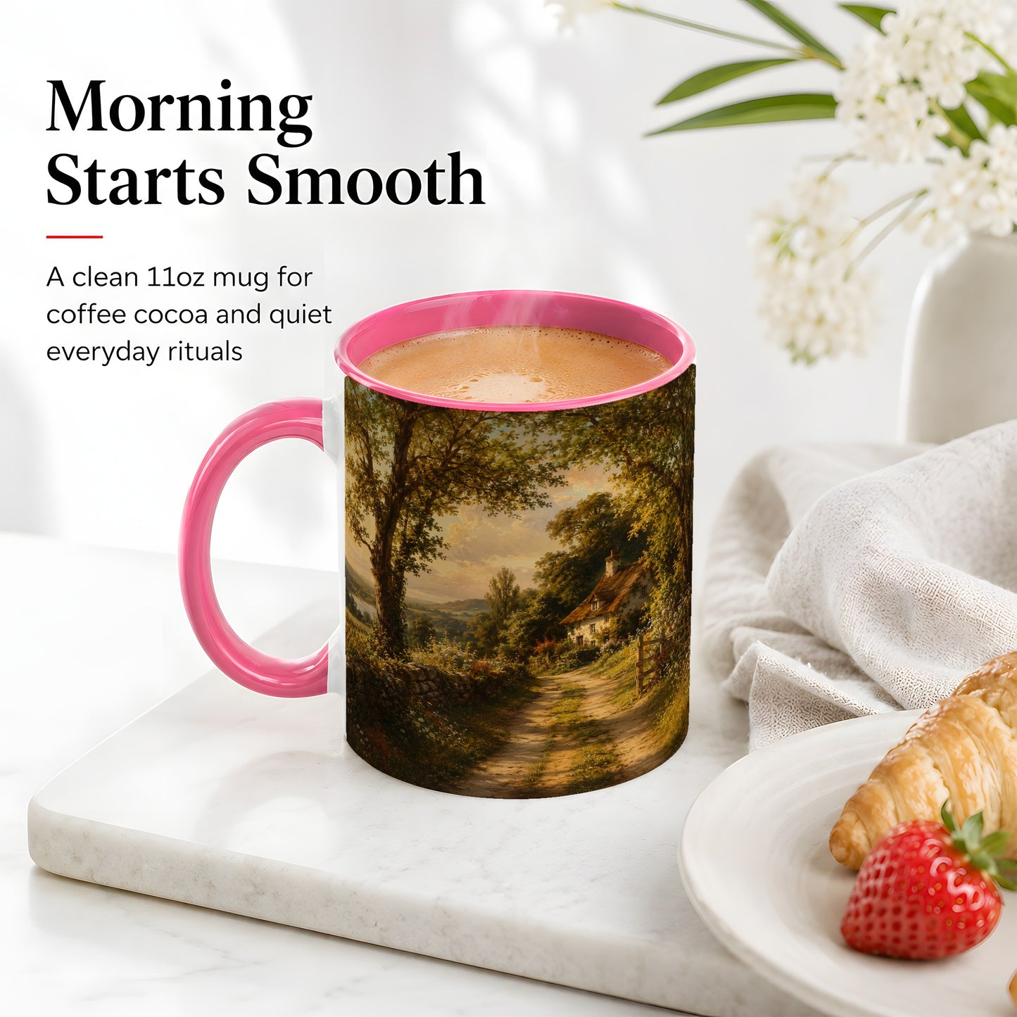 #pl[11oz|Pink] Cottage Countryside Ceramic Mug, Golden Garden Path Landscape