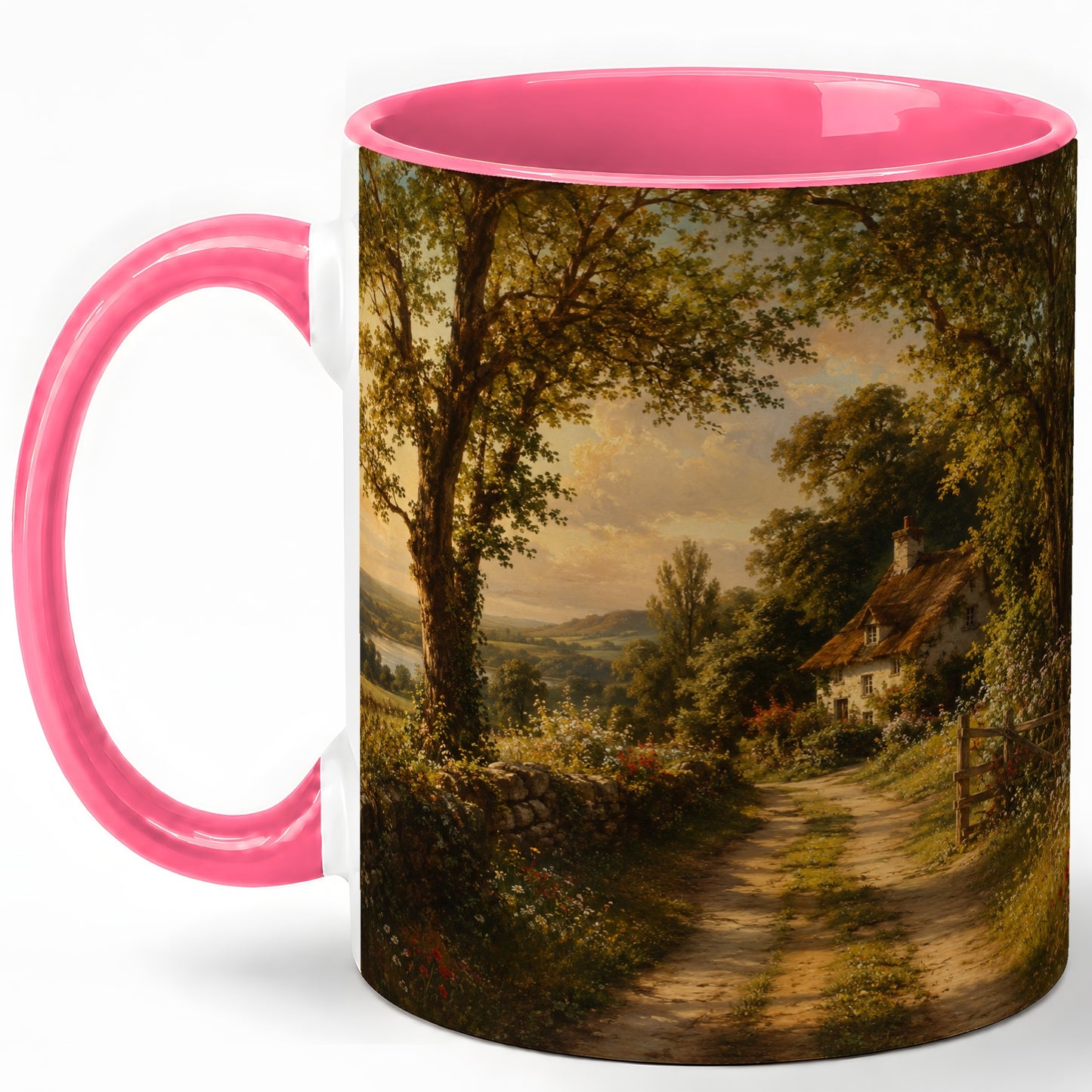 #pl[11oz|Pink] Cottage Countryside Ceramic Mug, Golden Garden Path Landscape