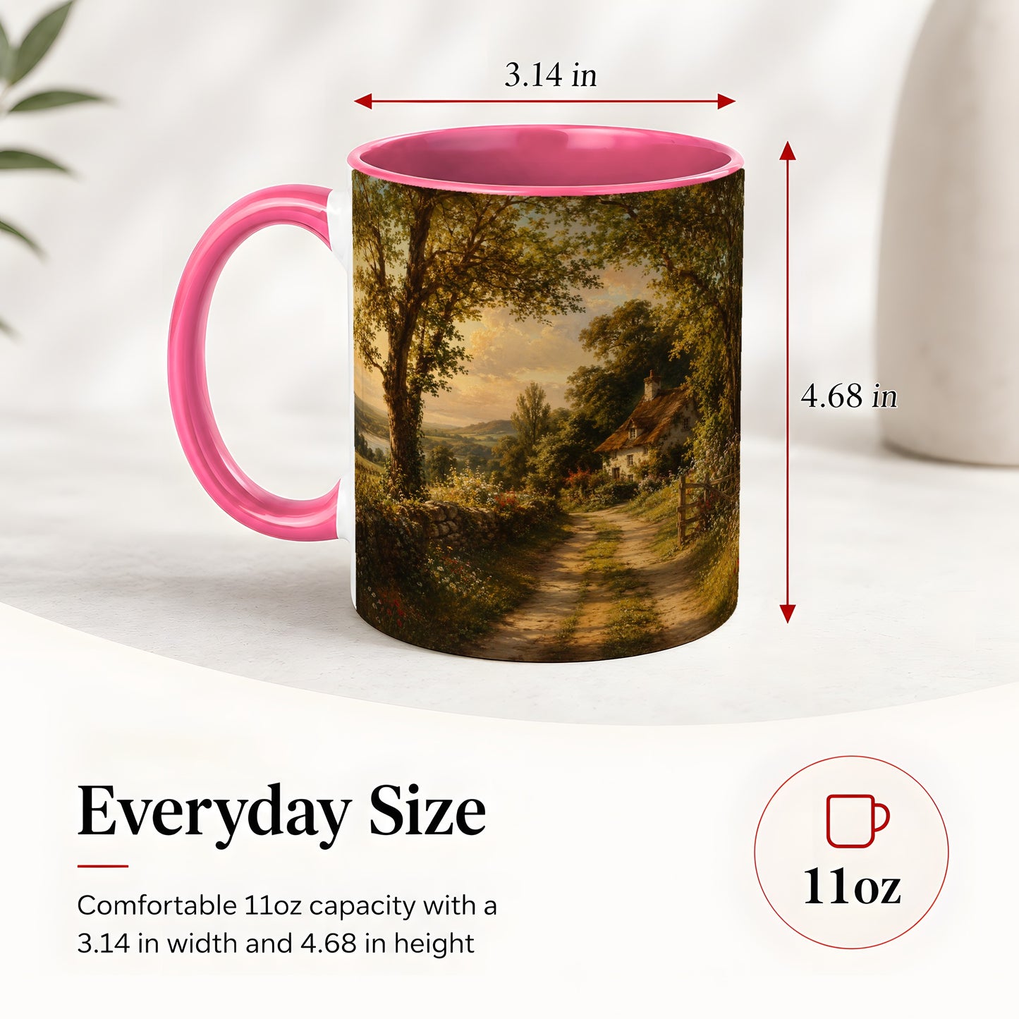 #pl[11oz|Pink] Cottage Countryside Ceramic Mug, Golden Garden Path Landscape