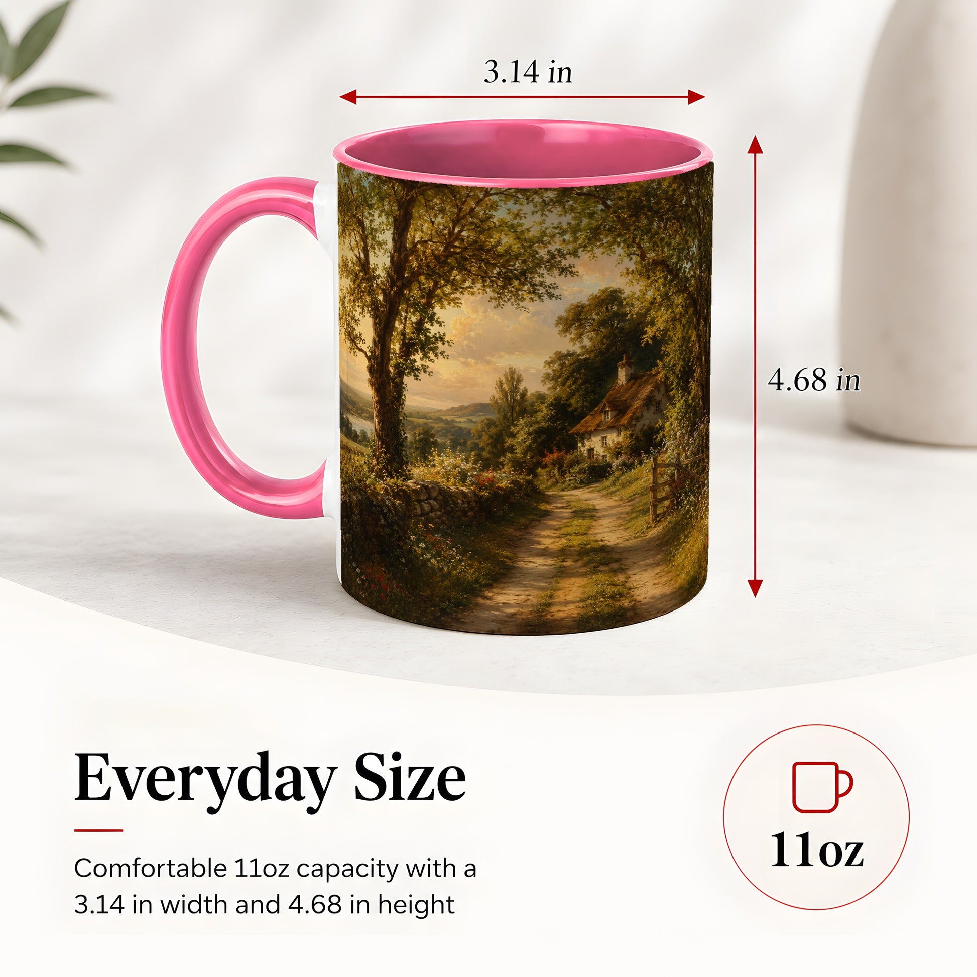 #pl[11oz|Pink] Cottage Countryside Ceramic Mug, Golden Garden Path Landscape