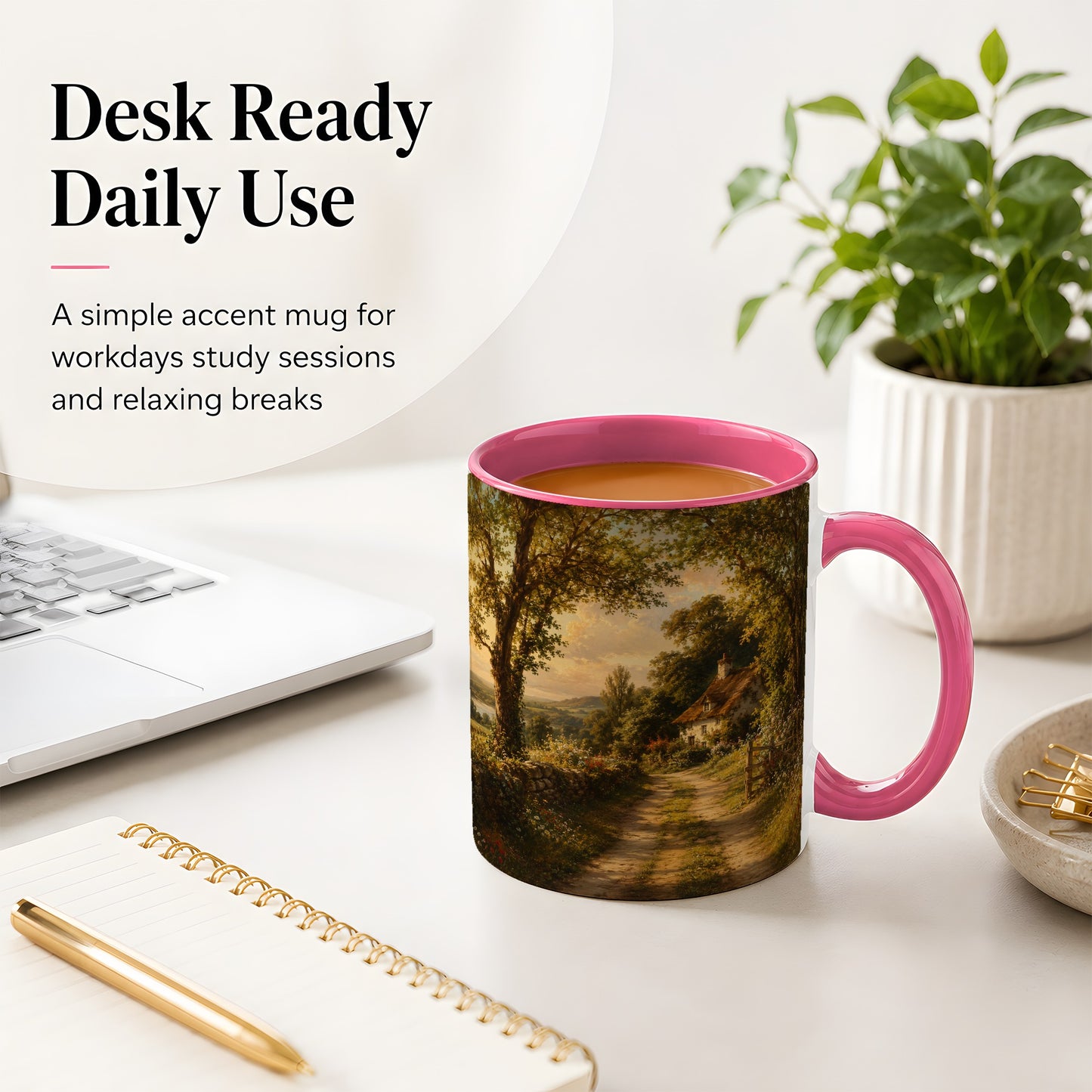 #pl[11oz|Pink] Cottage Countryside Ceramic Mug, Golden Garden Path Landscape
