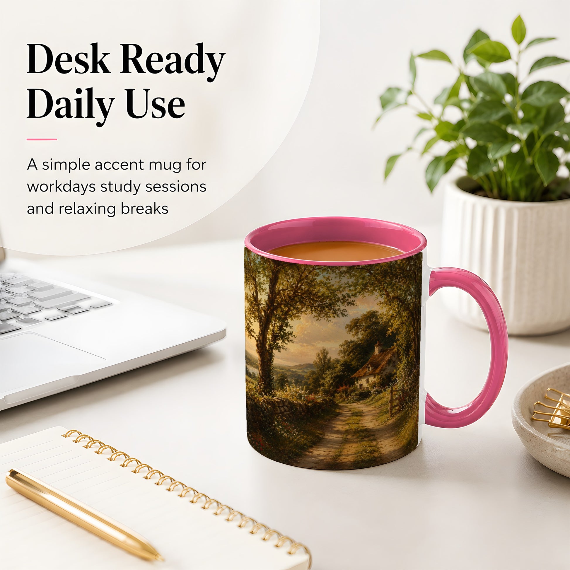 #pl[11oz|Pink] Cottage Countryside Ceramic Mug, Golden Garden Path Landscape