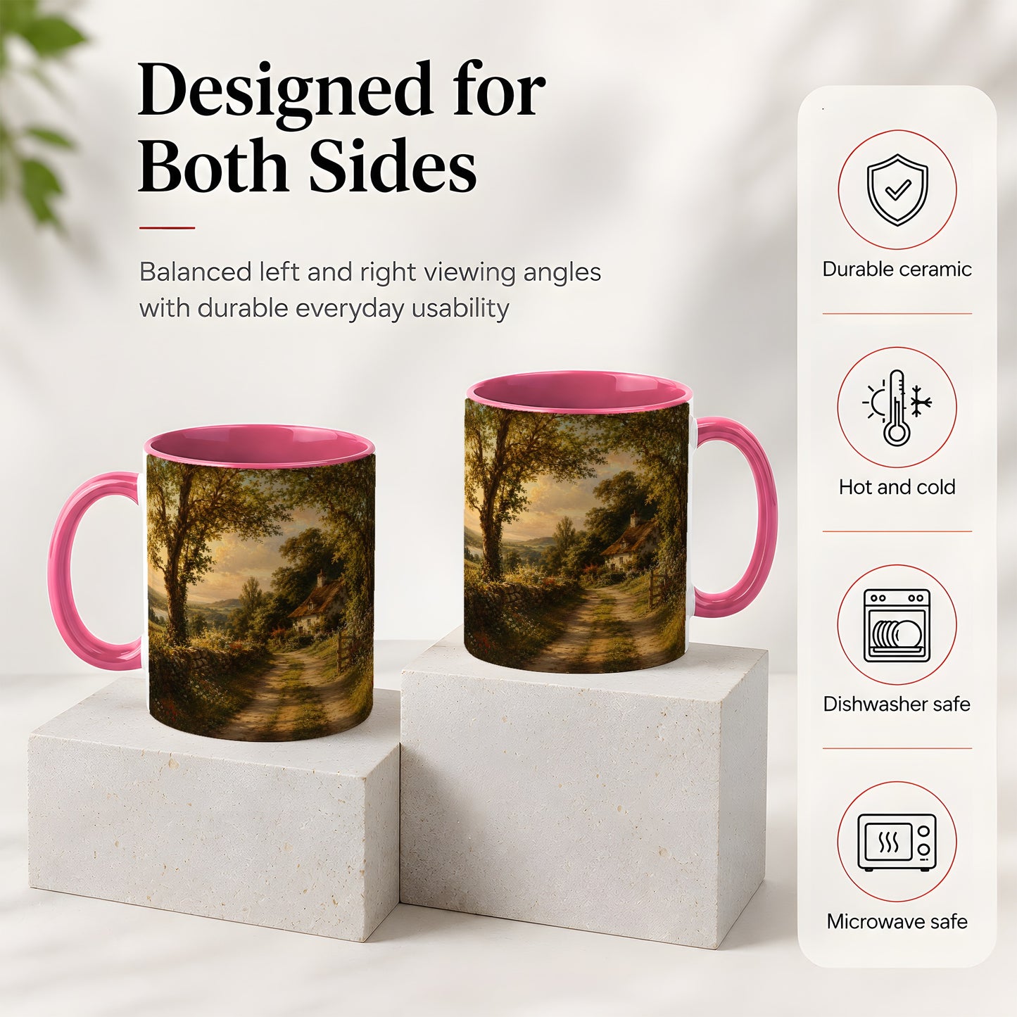 #pl[11oz|Pink] Cottage Countryside Ceramic Mug, Golden Garden Path Landscape