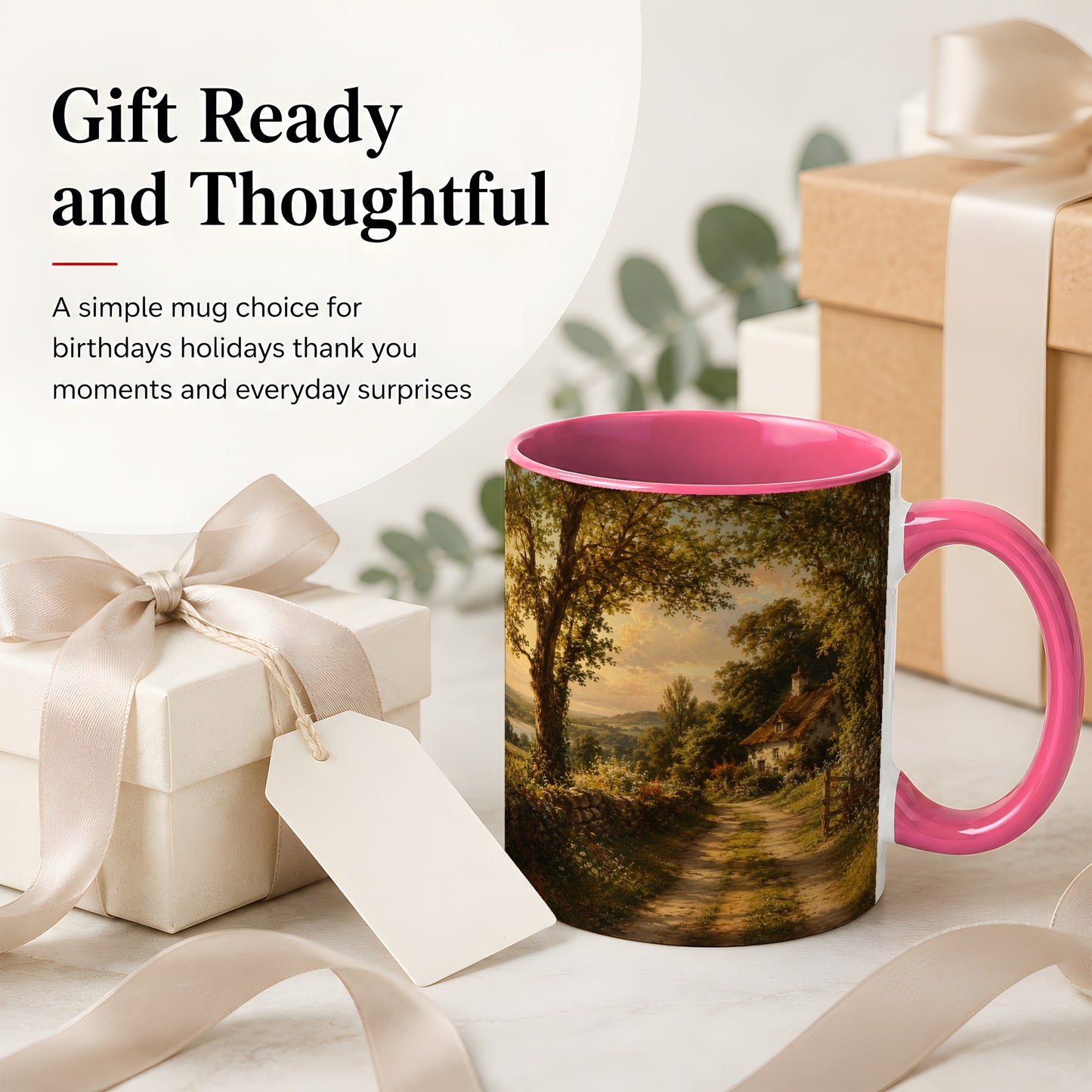 #pl[11oz|Pink] Cottage Countryside Ceramic Mug, Golden Garden Path Landscape