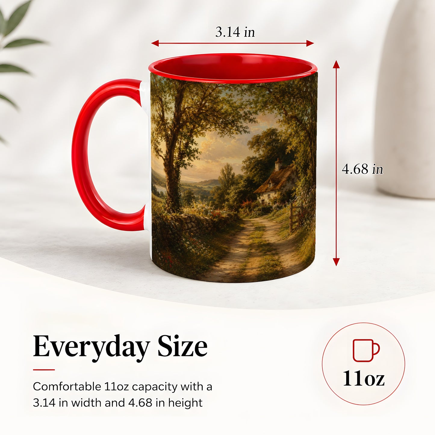 #pl[11oz|Red] Cottage Countryside Ceramic Mug, Golden Garden Path Landscape