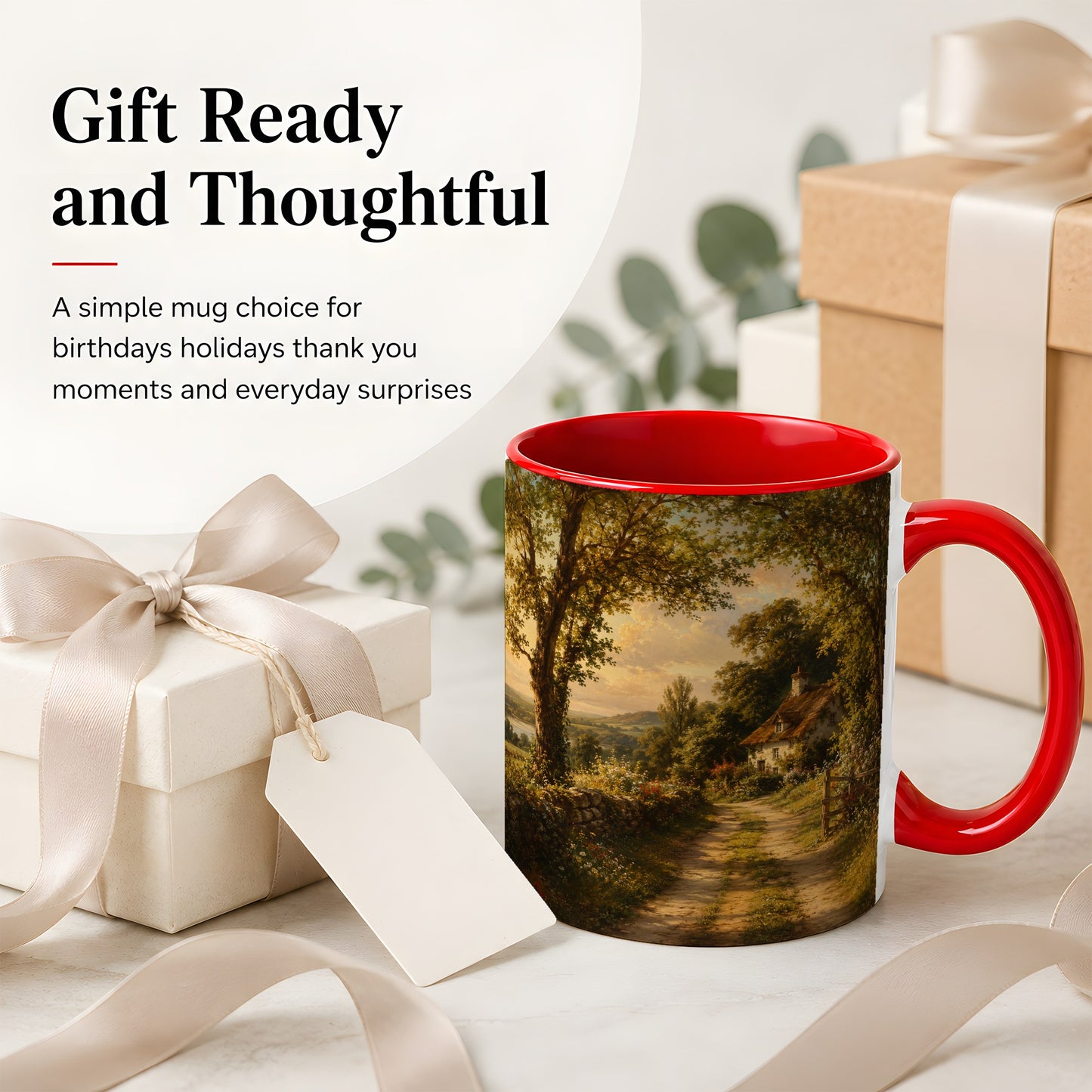 #pl[11oz|Red] Cottage Countryside Ceramic Mug, Golden Garden Path Landscape