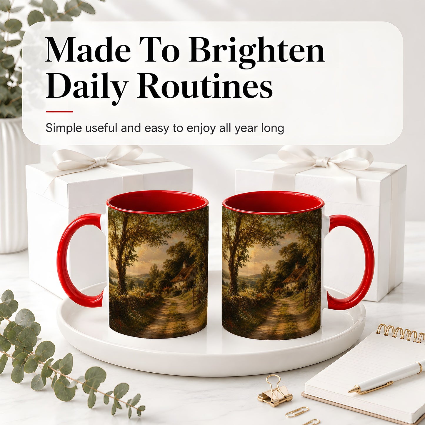 #pl[11oz|Red] Cottage Countryside Ceramic Mug, Golden Garden Path Landscape