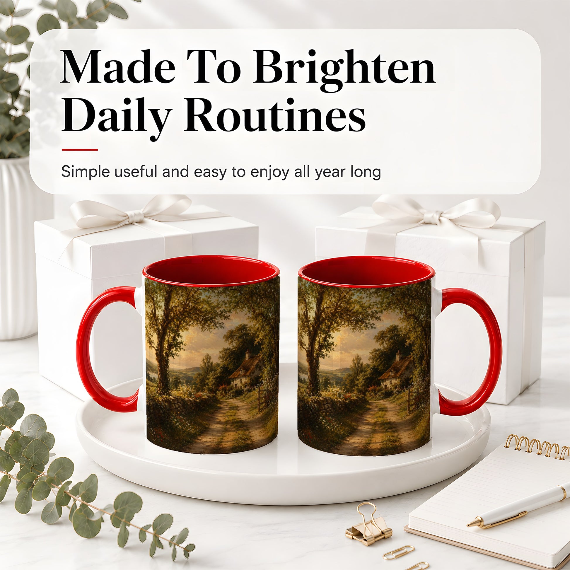 #pl[11oz|Red] Cottage Countryside Ceramic Mug, Golden Garden Path Landscape