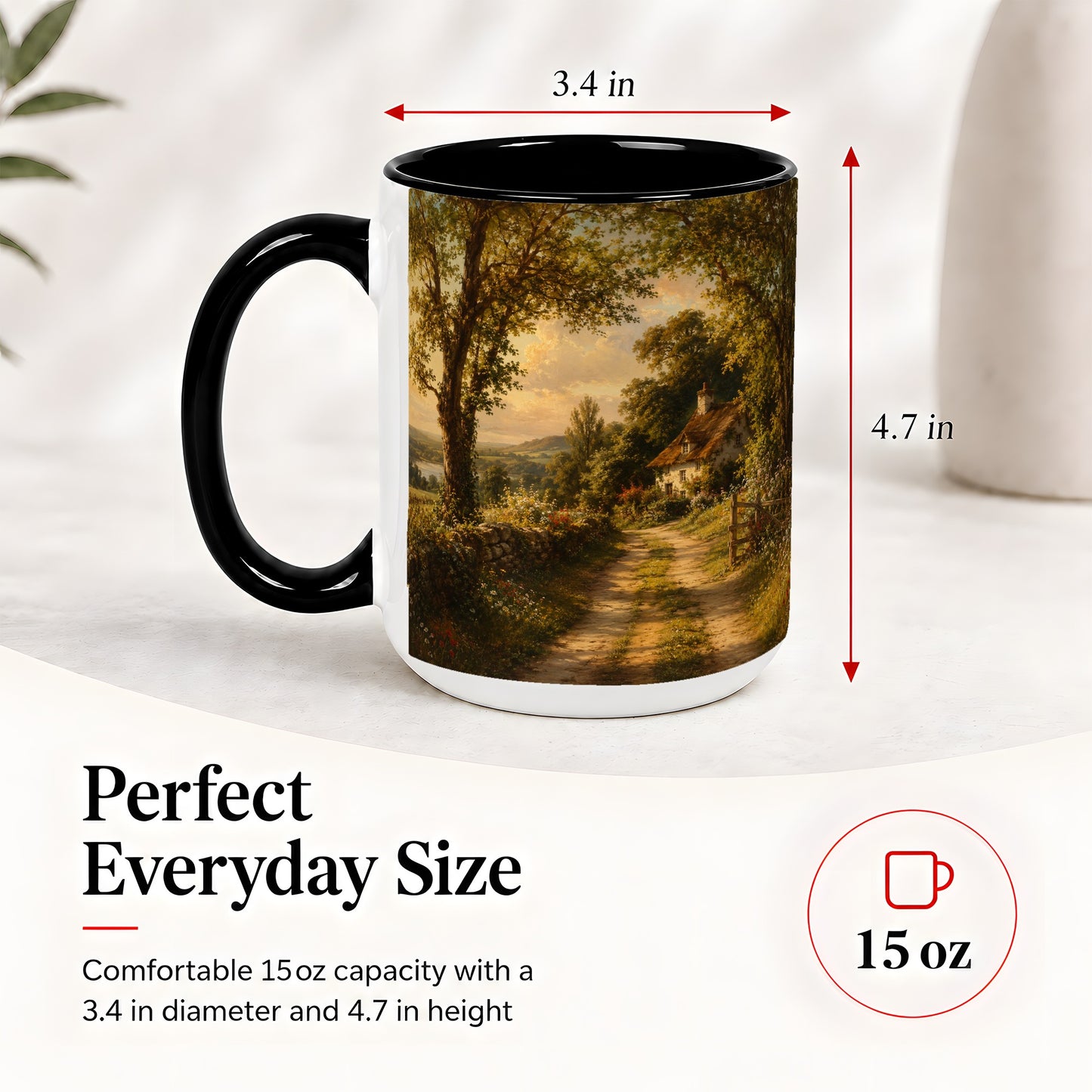 #pl[15oz|Black] Cottage Countryside Ceramic Mug, Golden Garden Path Landscape