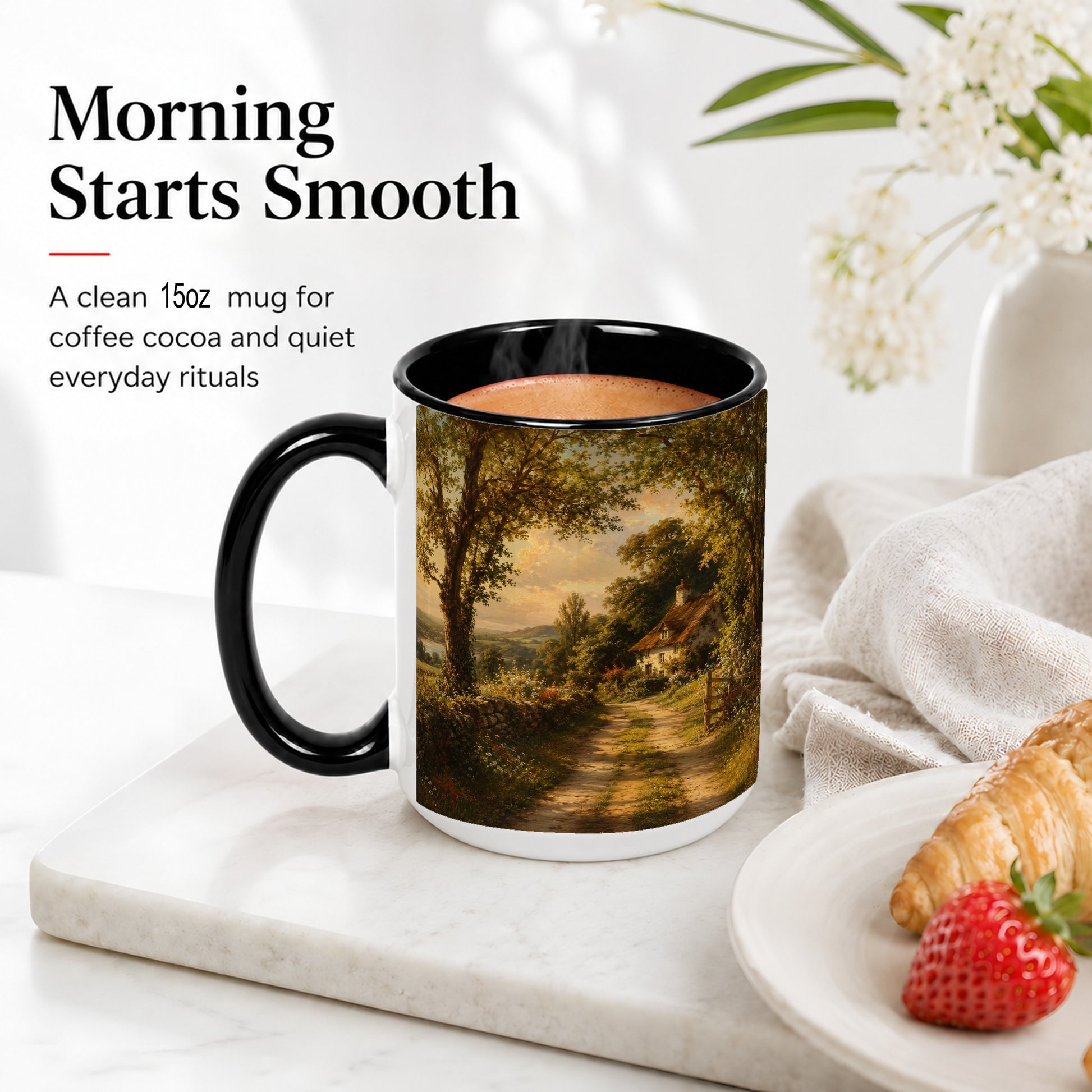 #pl[15oz|Black] Cottage Countryside Ceramic Mug, Golden Garden Path Landscape