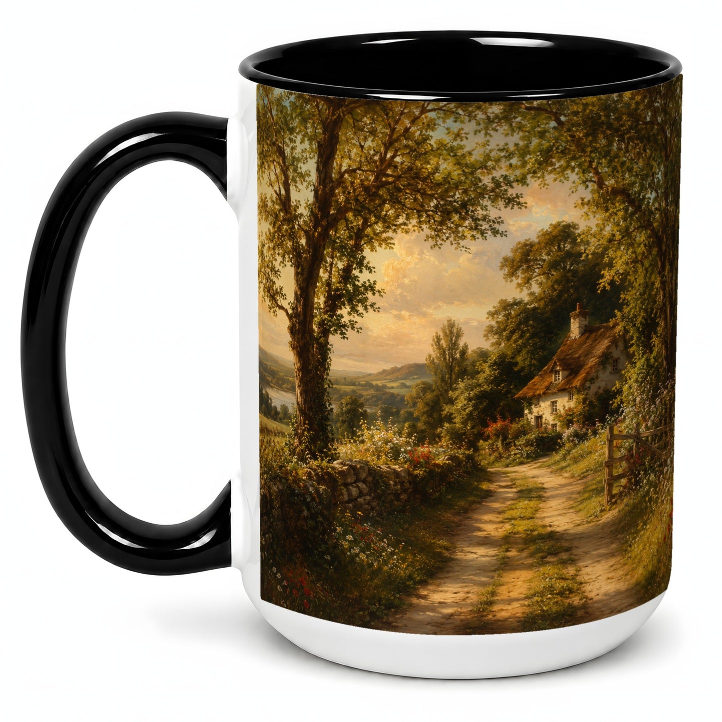#pl[15oz|Black] Cottage Countryside Ceramic Mug, Golden Garden Path Landscape
