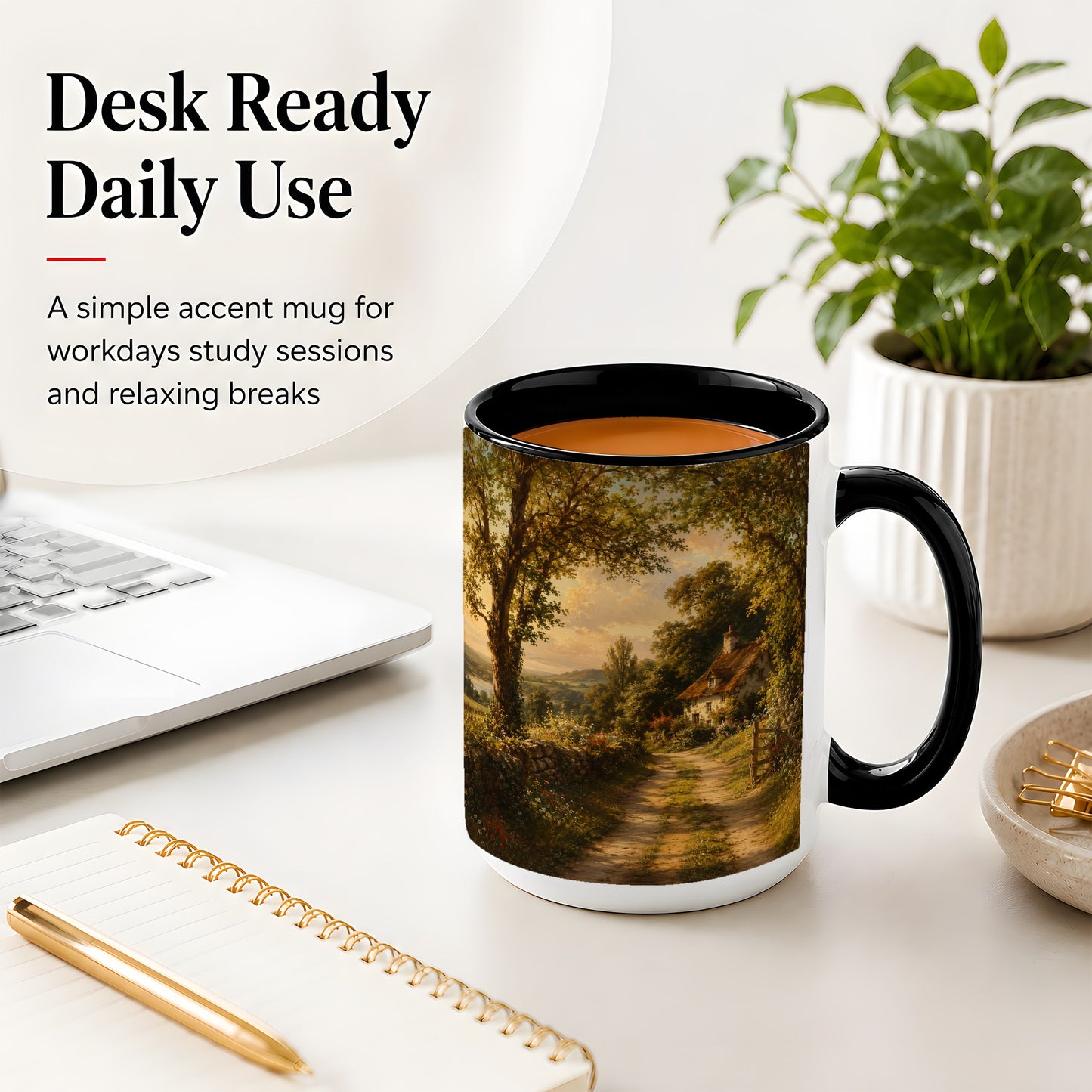 #pl[15oz|Black] Cottage Countryside Ceramic Mug, Golden Garden Path Landscape