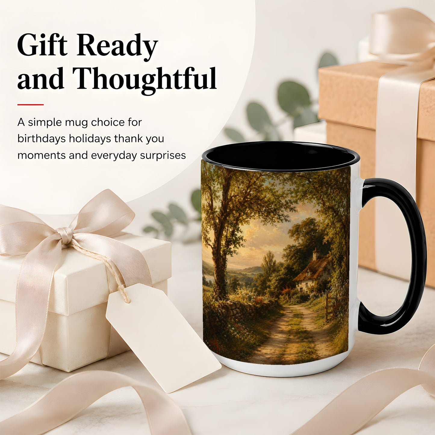 #pl[15oz|Black] Cottage Countryside Ceramic Mug, Golden Garden Path Landscape