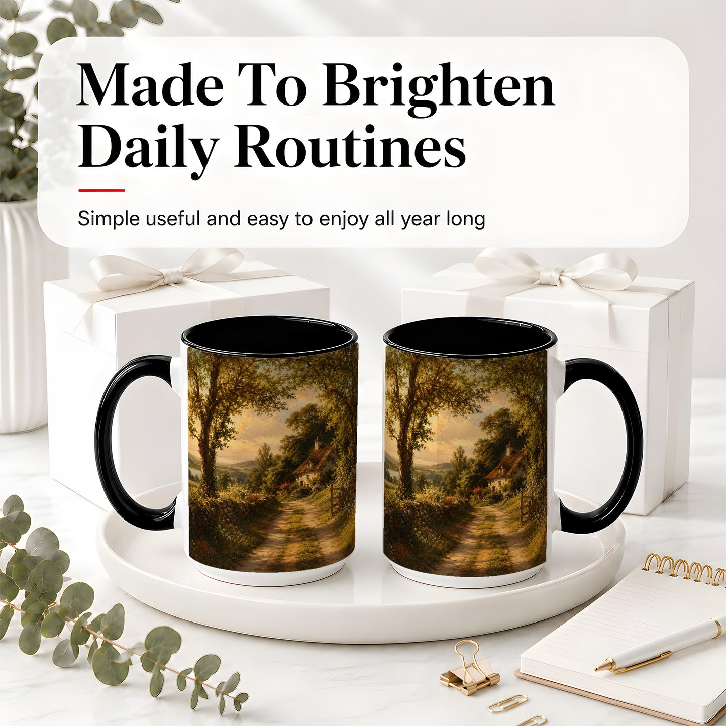 #pl[15oz|Black] Cottage Countryside Ceramic Mug, Golden Garden Path Landscape