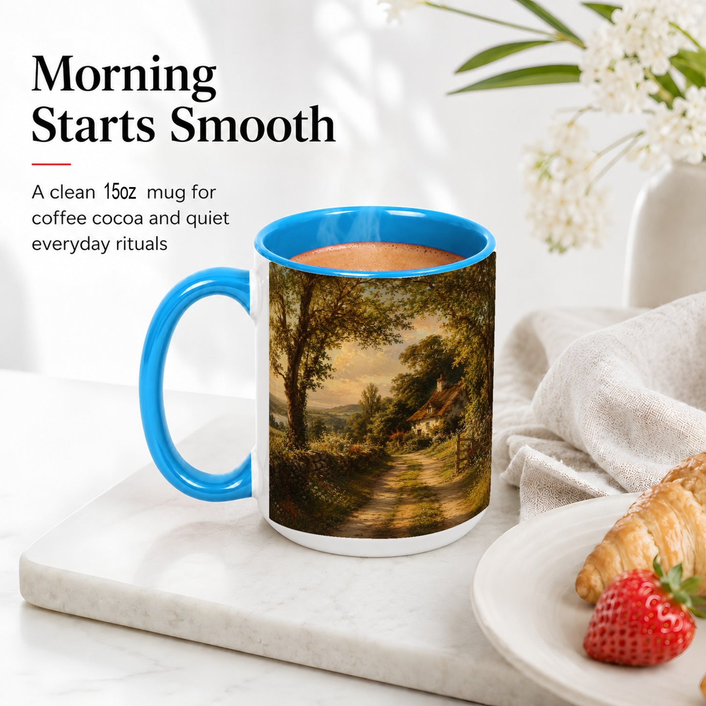 #pl[15oz|Blue] Cottage Countryside Ceramic Mug, Golden Garden Path Landscape