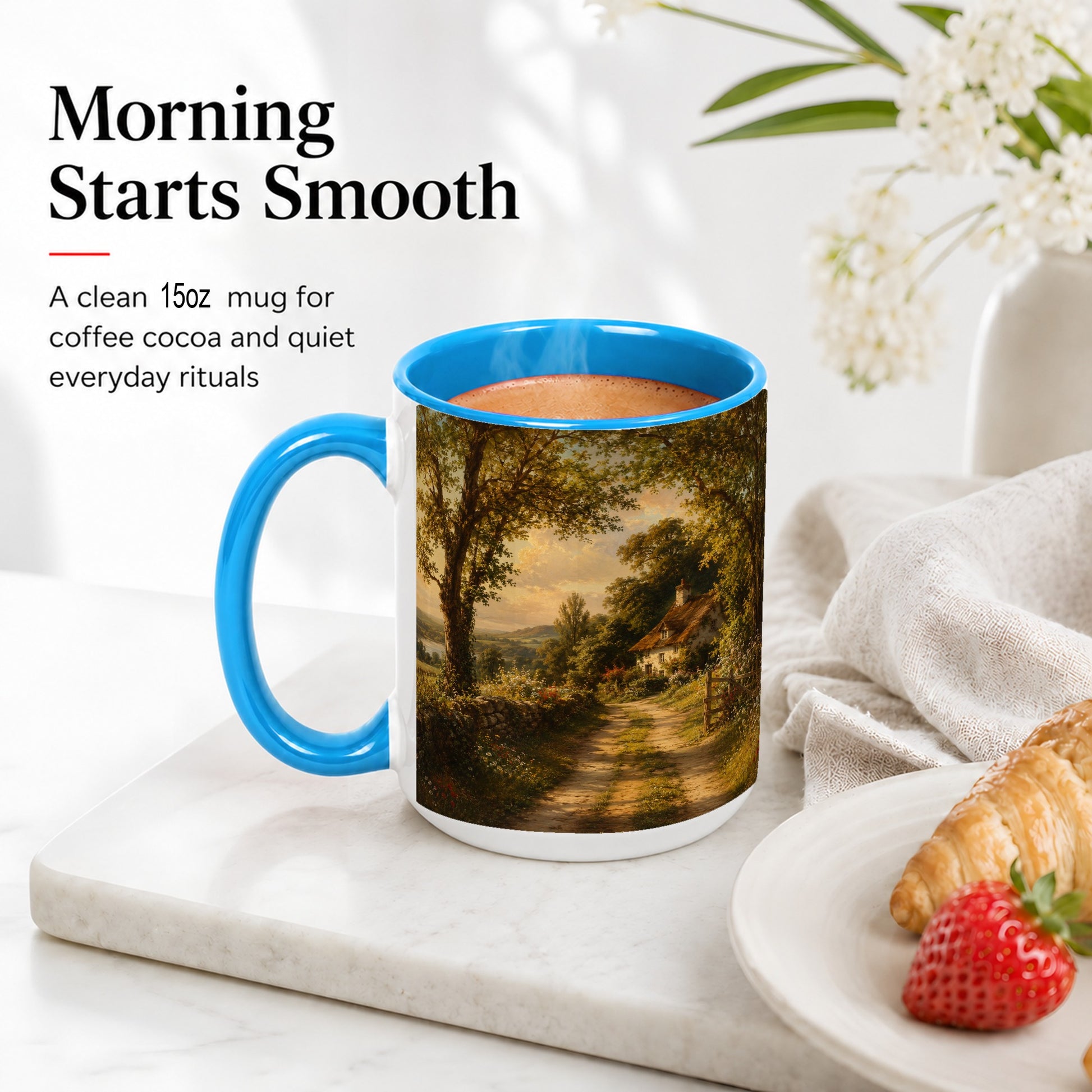 #pl[15oz|Blue] Cottage Countryside Ceramic Mug, Golden Garden Path Landscape