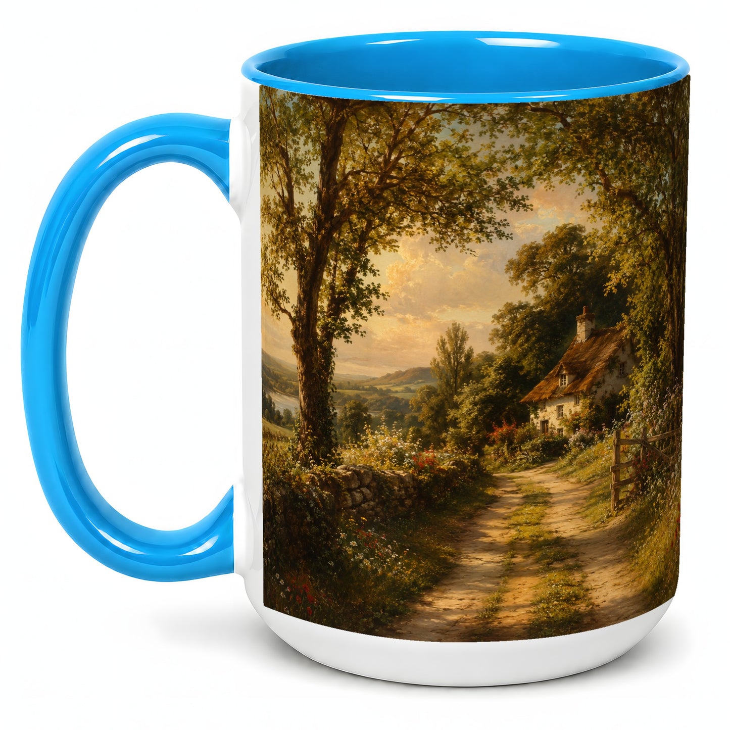 #pl[15oz|Blue] Cottage Countryside Ceramic Mug, Golden Garden Path Landscape