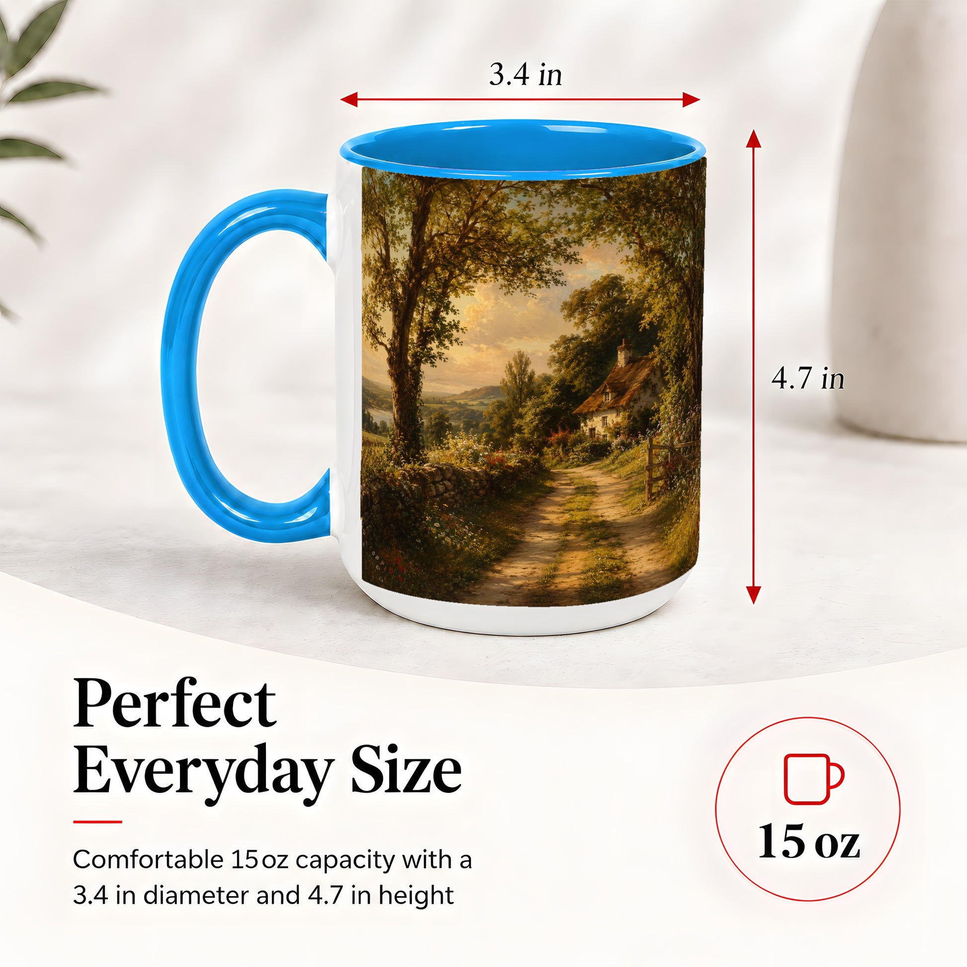 #pl[15oz|Blue] Cottage Countryside Ceramic Mug, Golden Garden Path Landscape